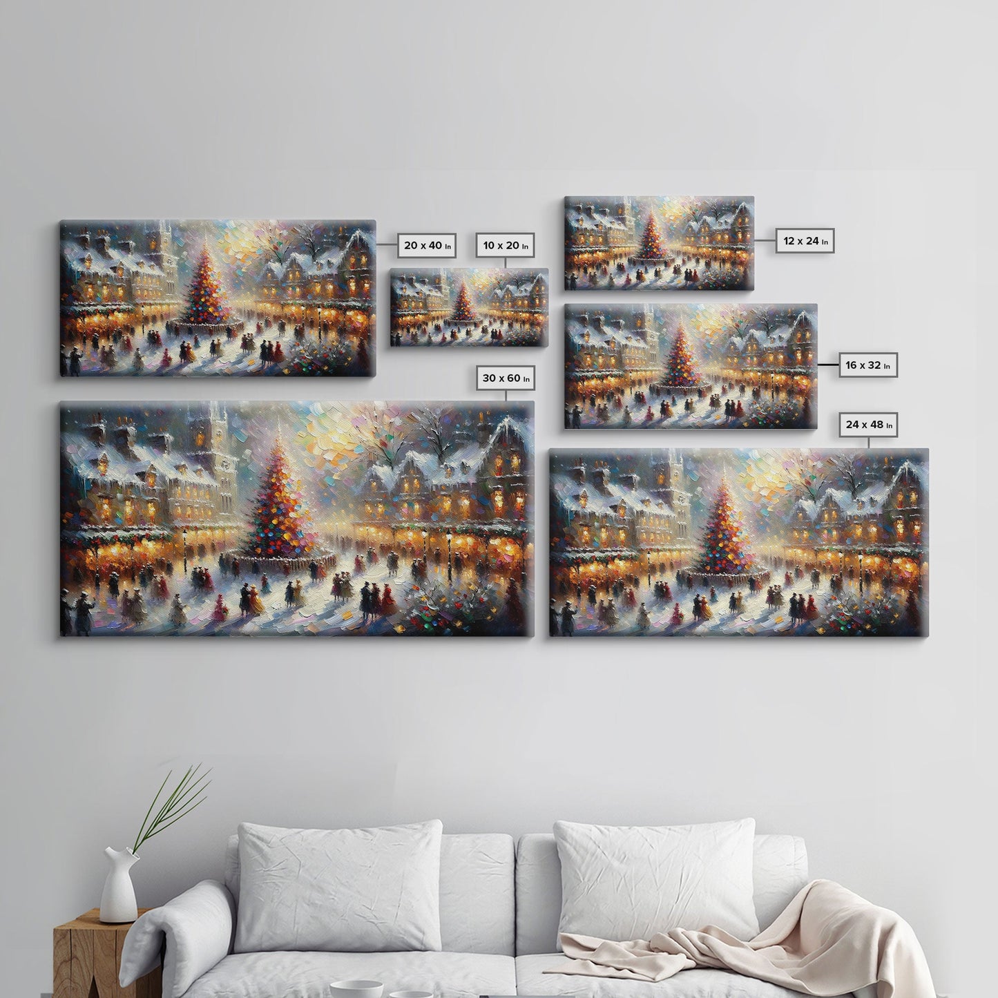 Retro Style Christmas Canvas Print | Framed Canvas Print | Christmas Village | Winter Wonderland | Impasto Style Painting | Seasonal Decor
