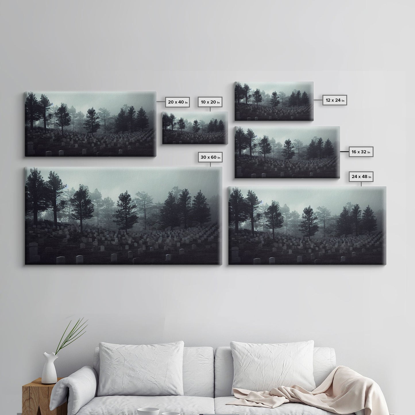 Creepy Haunted Cemetery, Spooky Halloween Art, Graveyard, ready to hang canvas print wall art, Black And White Art, Halloween Decor