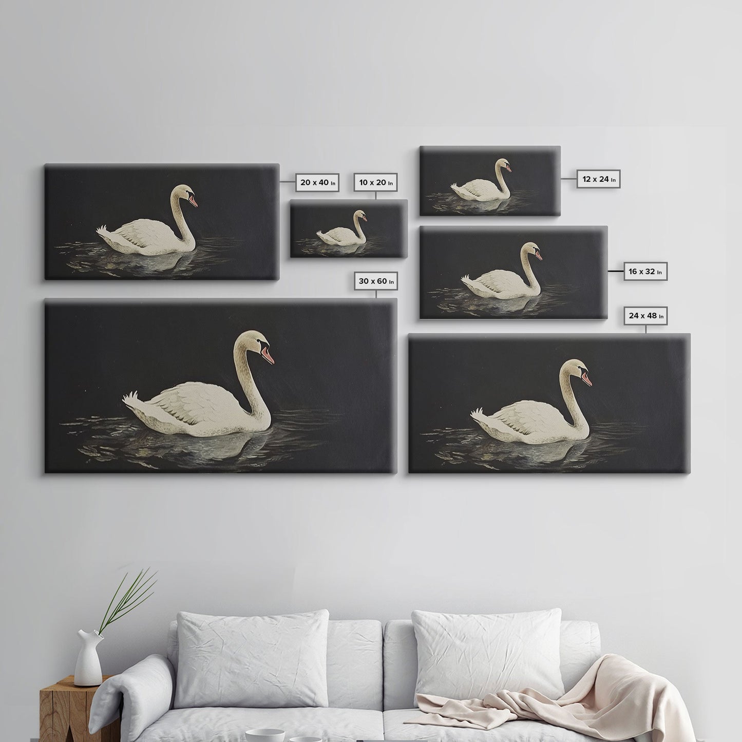 White Swan On A Black Lake, Victorian Style Vintage Art, Framed Canvas Print, Antique Art Reproduction, Traditional Wall Art
