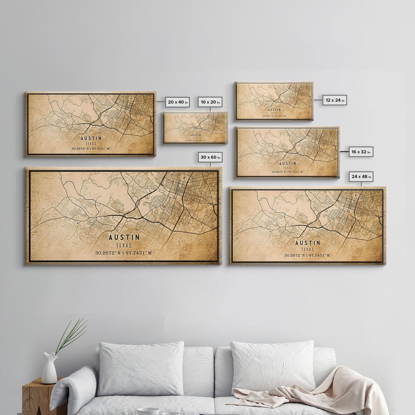 Austin Map Print Canvas or Poster, Texas Map Art, Texas Map Print, Vintage Austin Texas Map Framed Art, Retro / Distressed Office Art