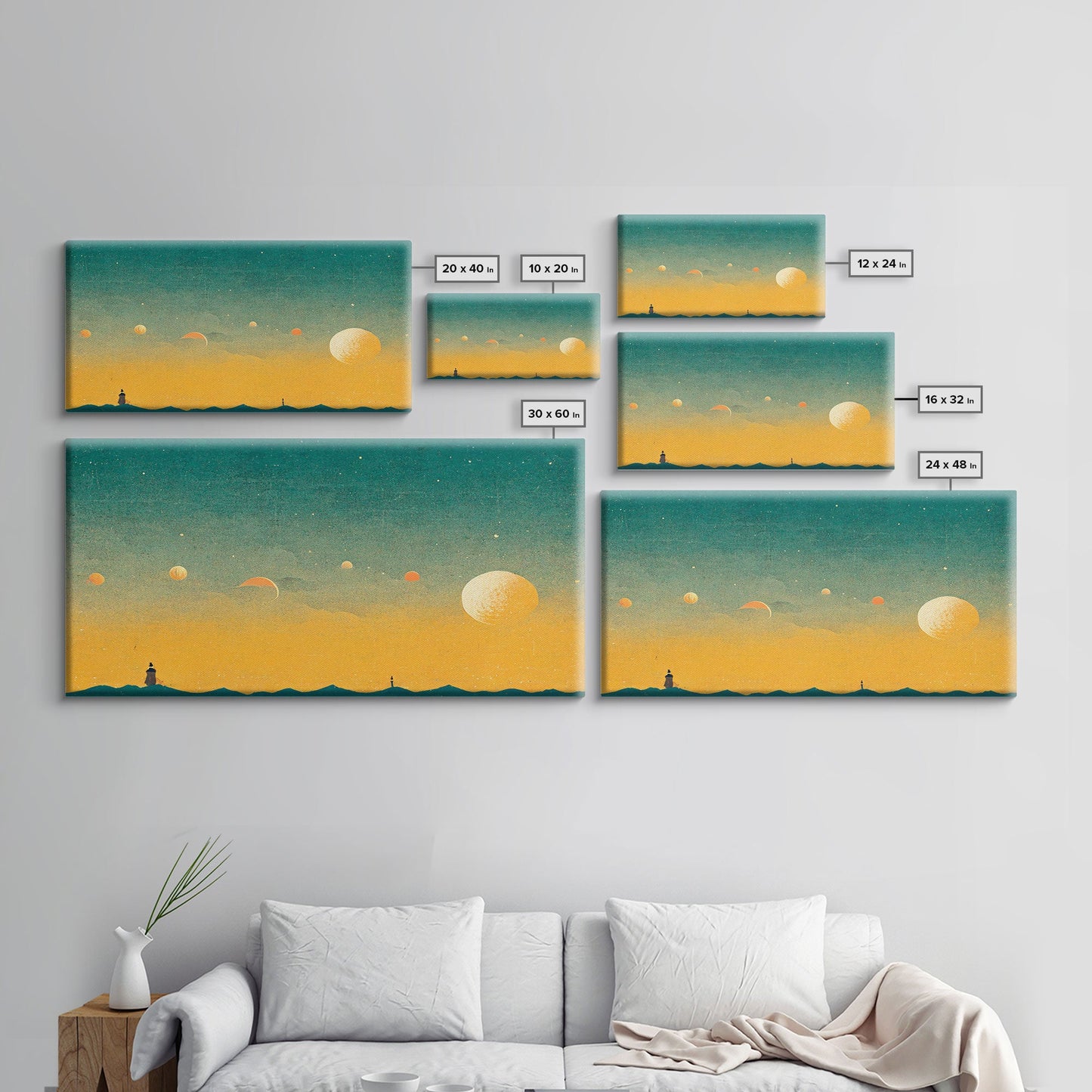 Art deco light house at sunset canvas print, sunset, vintage 20s style wall art, 30s style wall art, orange and turquoise sunset art