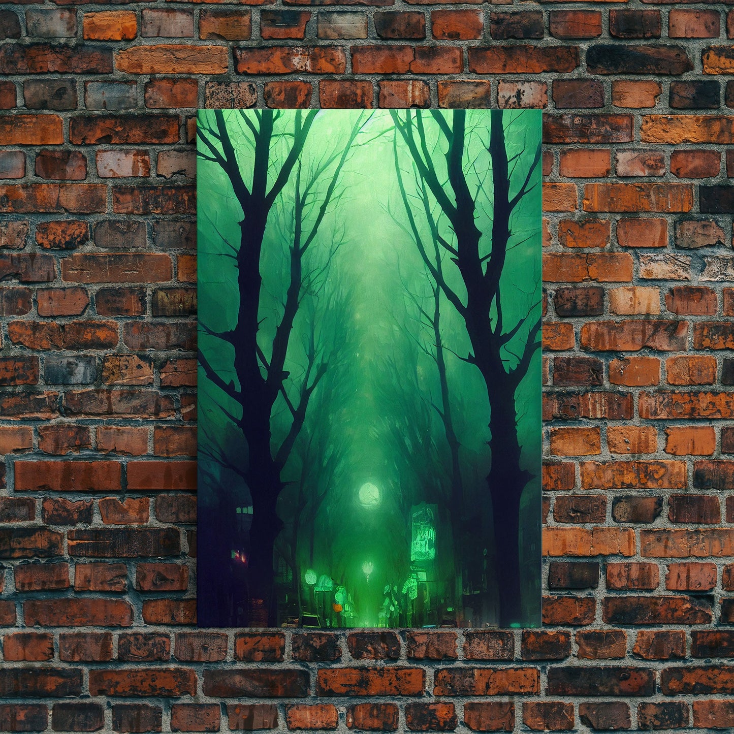 Emerald green city streets under a full moon, cool spooky art, framed canvas print