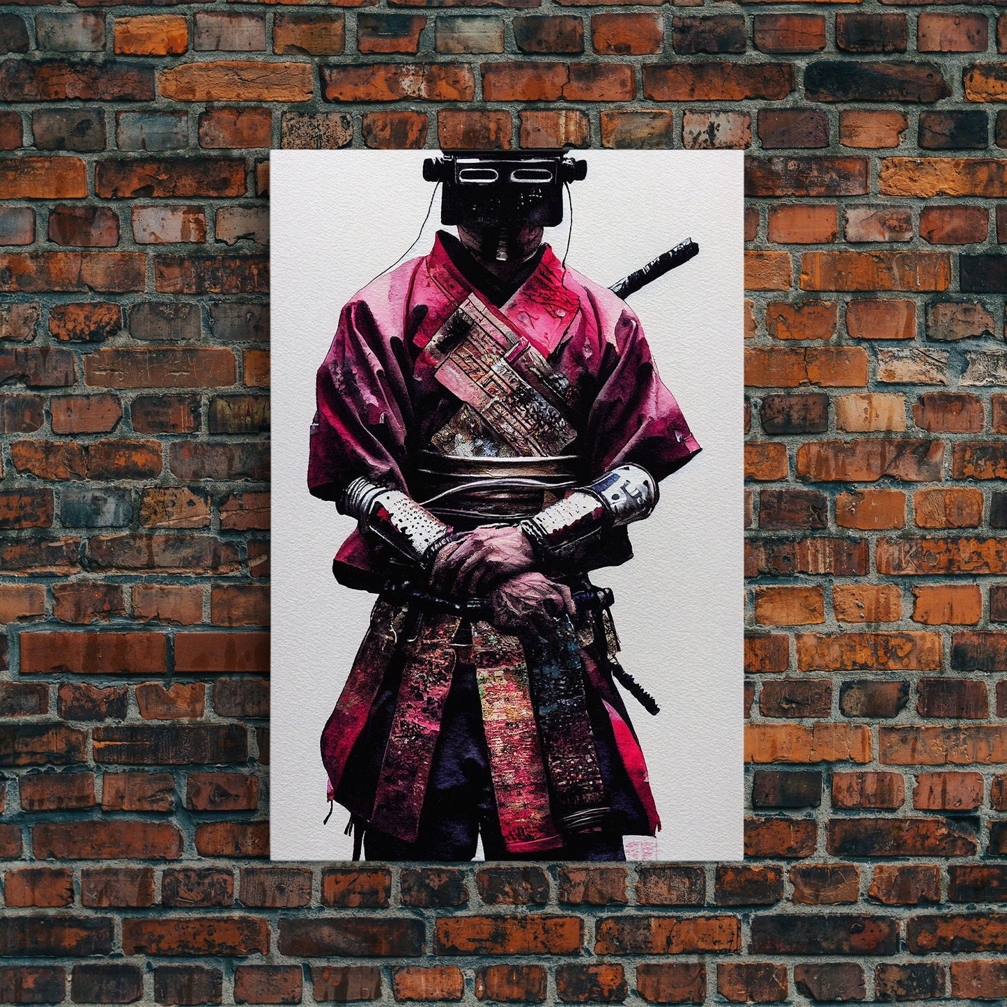 Portrait of a Cyberpunk Samurai with Cybernetic augments, Framed Canvas Print, Ready To Hang Framed Wall Art