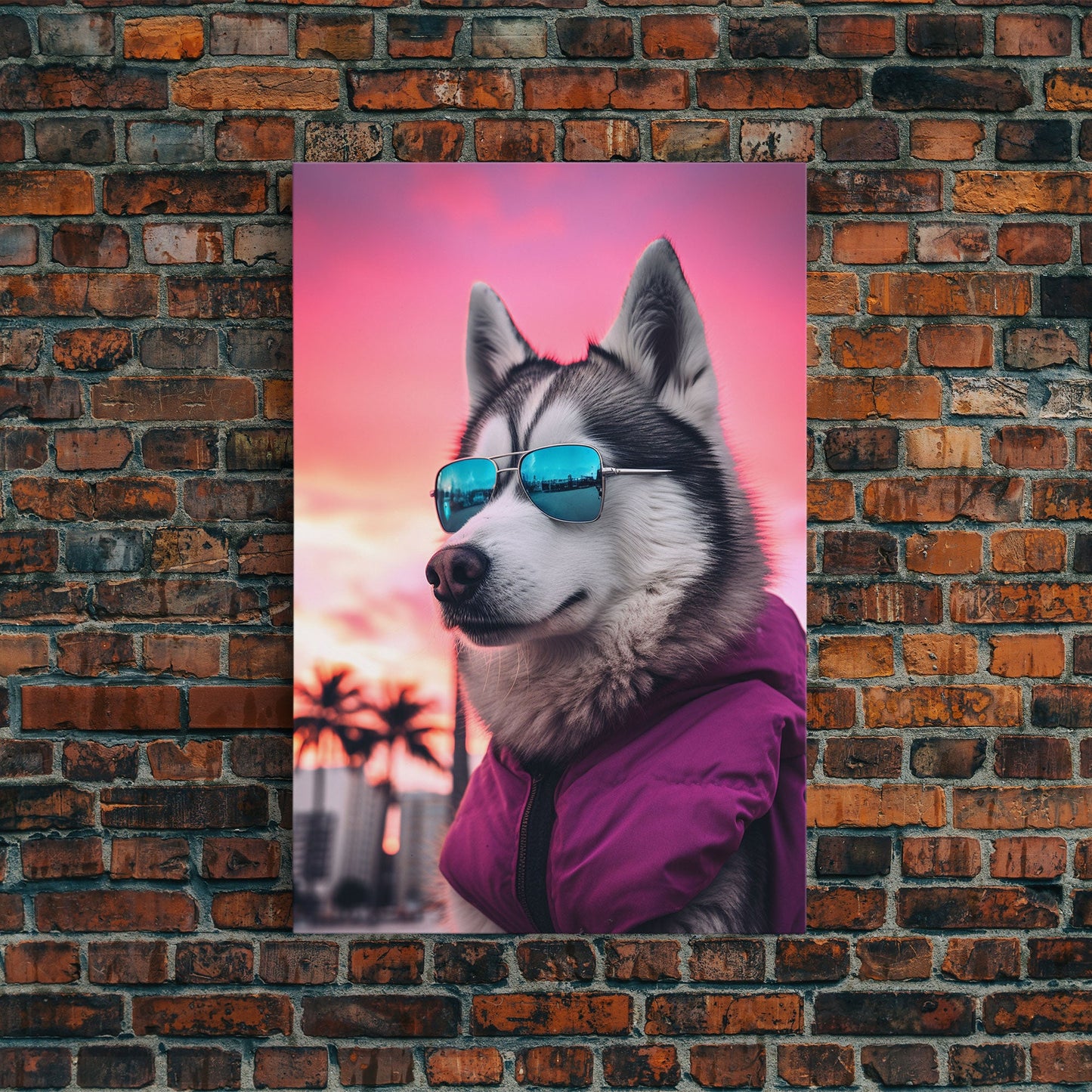 Siberian Husky In Pink Jacket Sunglasses Wall Print, Dog Art Print, Dog Portrait, Framed Wall Art, Framed Canvas, Wall Print, Wall Canvas