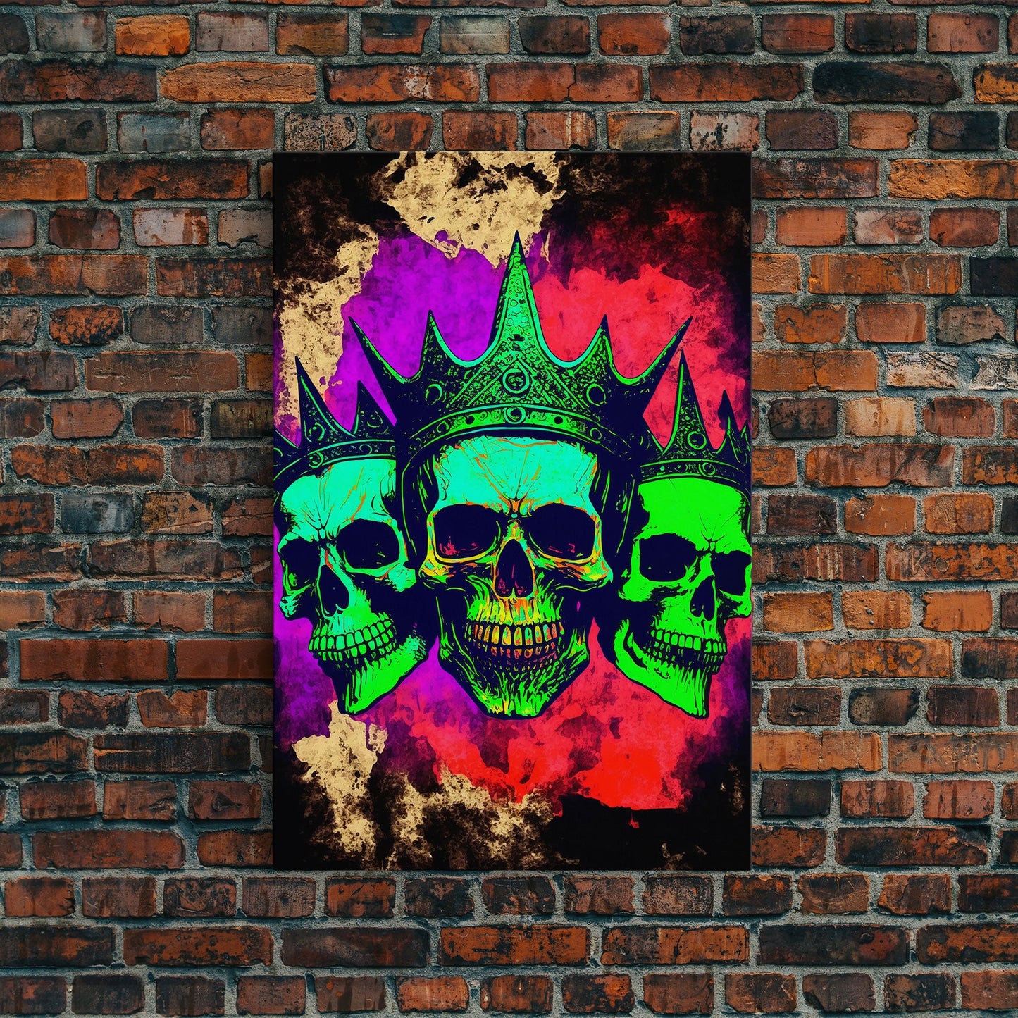 Psychedelic Skull With The Gold Crown, Framed Canvas Print, Unique Fantasy Undead Wall Art, Trippy Art
