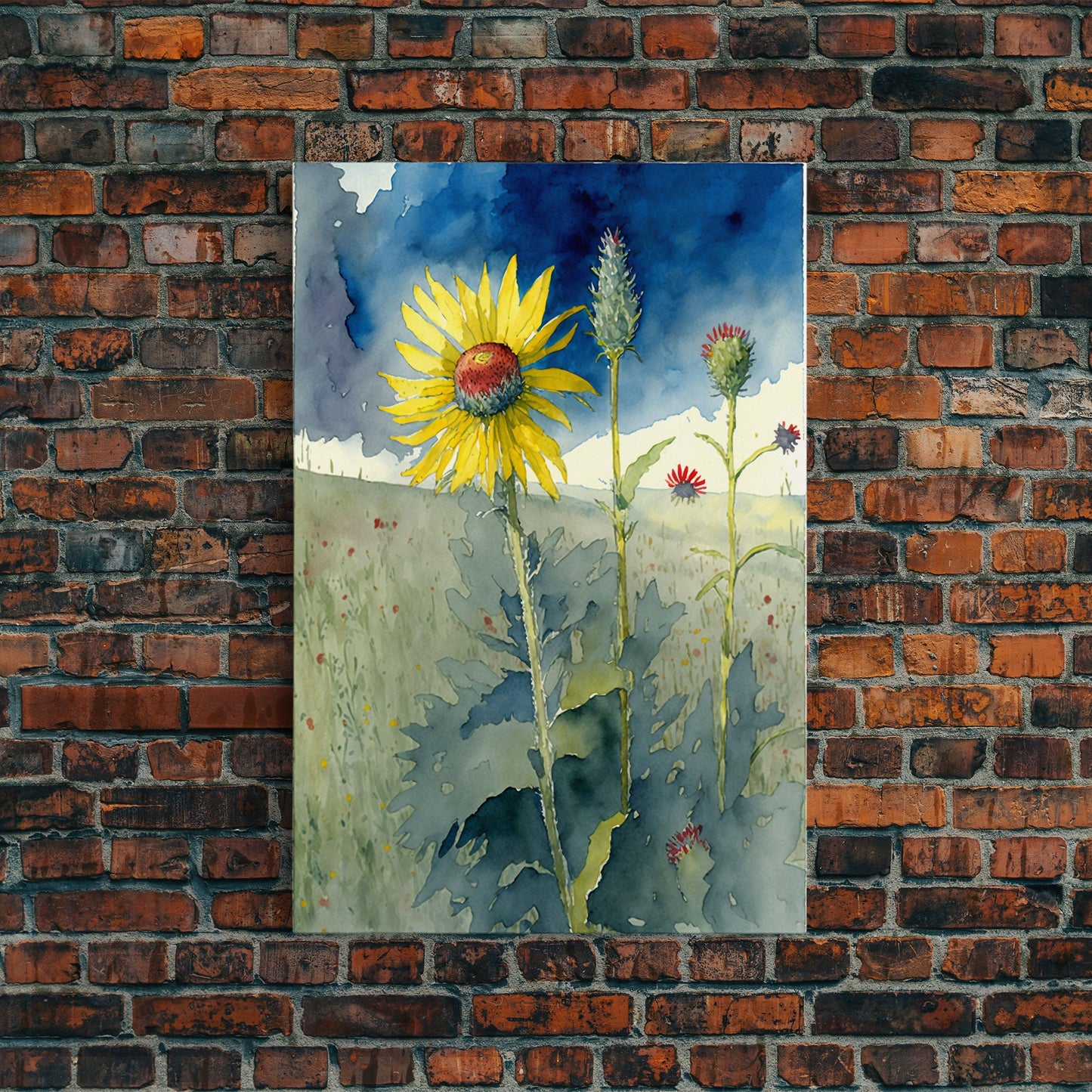 Watercolor Painting Print of a Sunflower and Wildflowers, Framed Canvas Art, Framed Print, Living Room Wall Decor