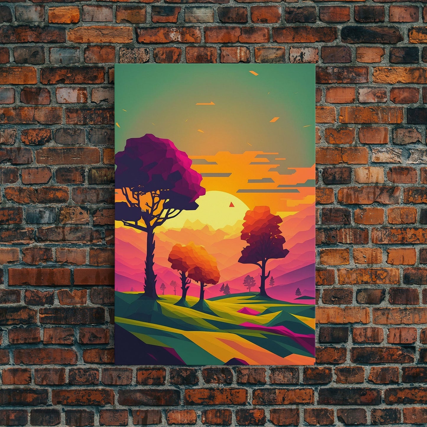 Retro Pop Art Landscape Art At Sunset, Framed Canvas Print, Outrun Style Trees and Sunset, Living Room Art