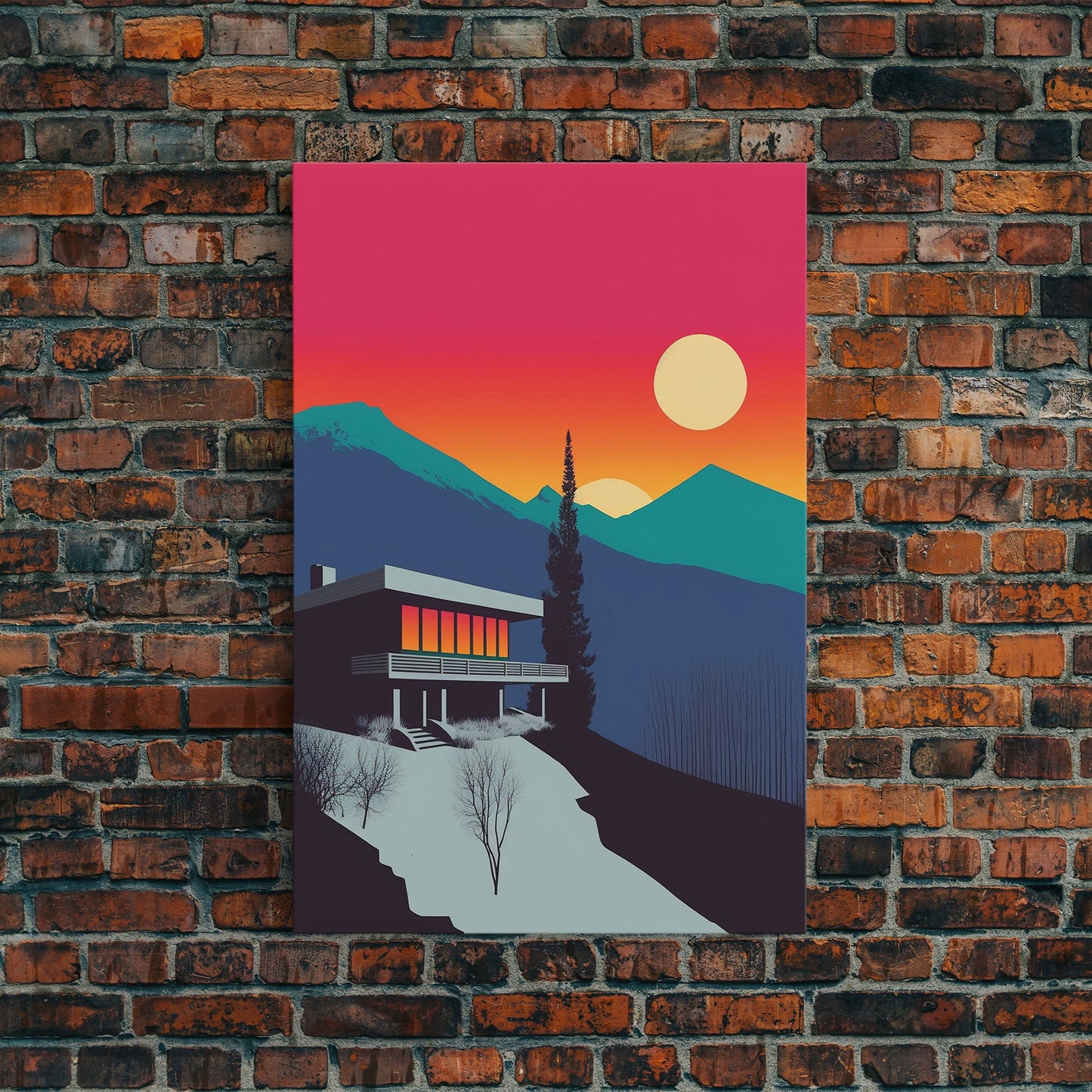 The Lodge, MCM Architecture Art, Framed Canvas Print, Midcentury Mountainside Villa, Colorado Rockies Pop Art