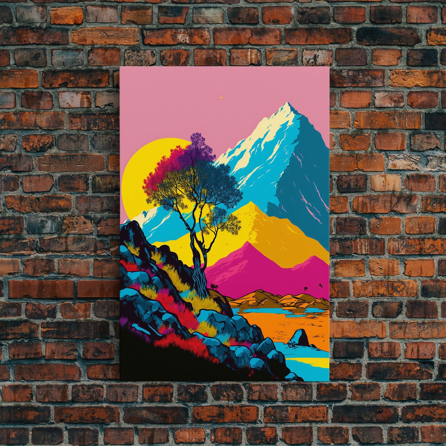 Retro Midcentury Style Wall Art, Framed Canvas Print, Colorful Wall Art, Mountain Landscape, Office Decor, Low Res Art