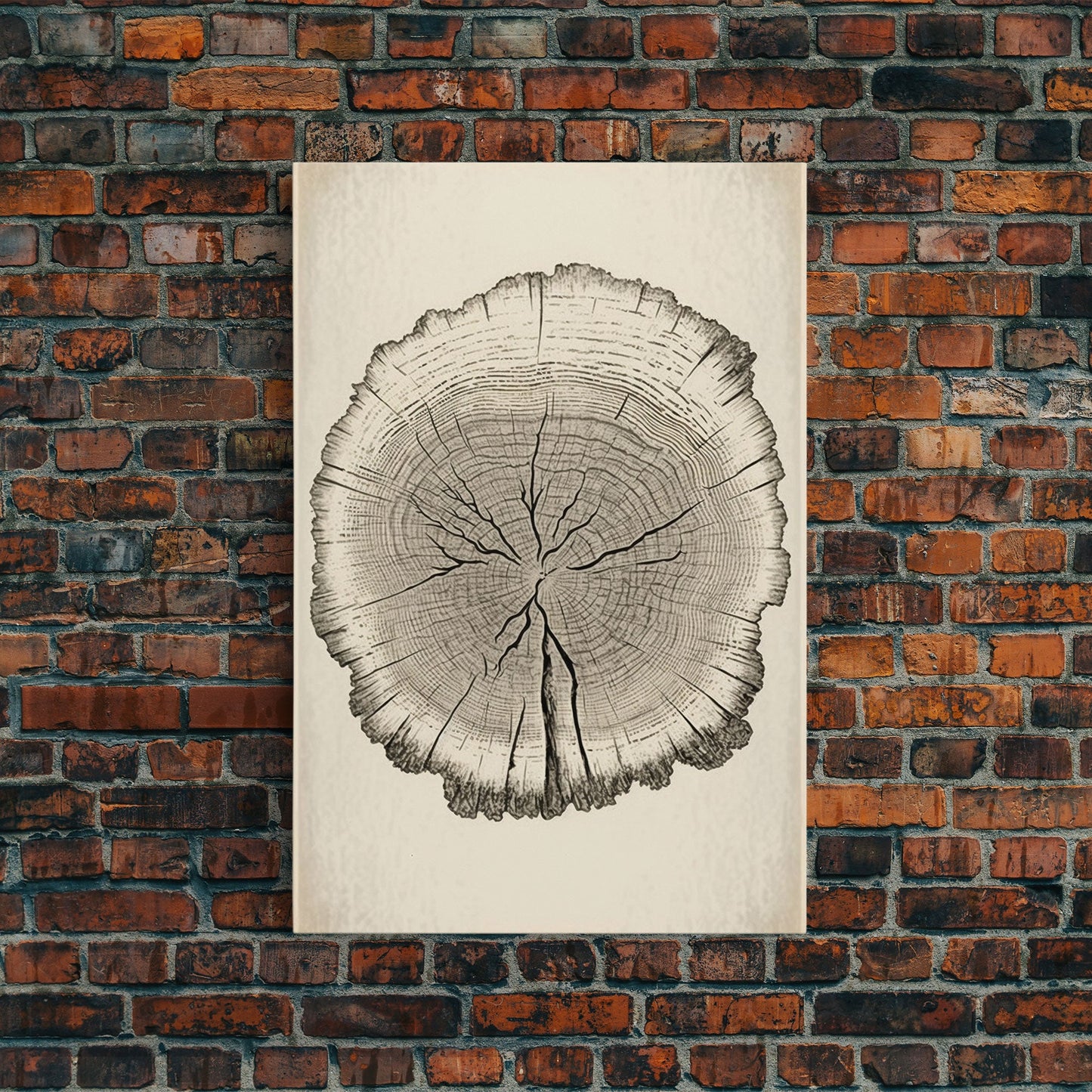 Framed Wall Art Canvas Print, Tree Cross Section, Tree Rings, Rustic Art, Farmhouse Decor, Oak Wood Tree Rings, Illustration, Gift For Him