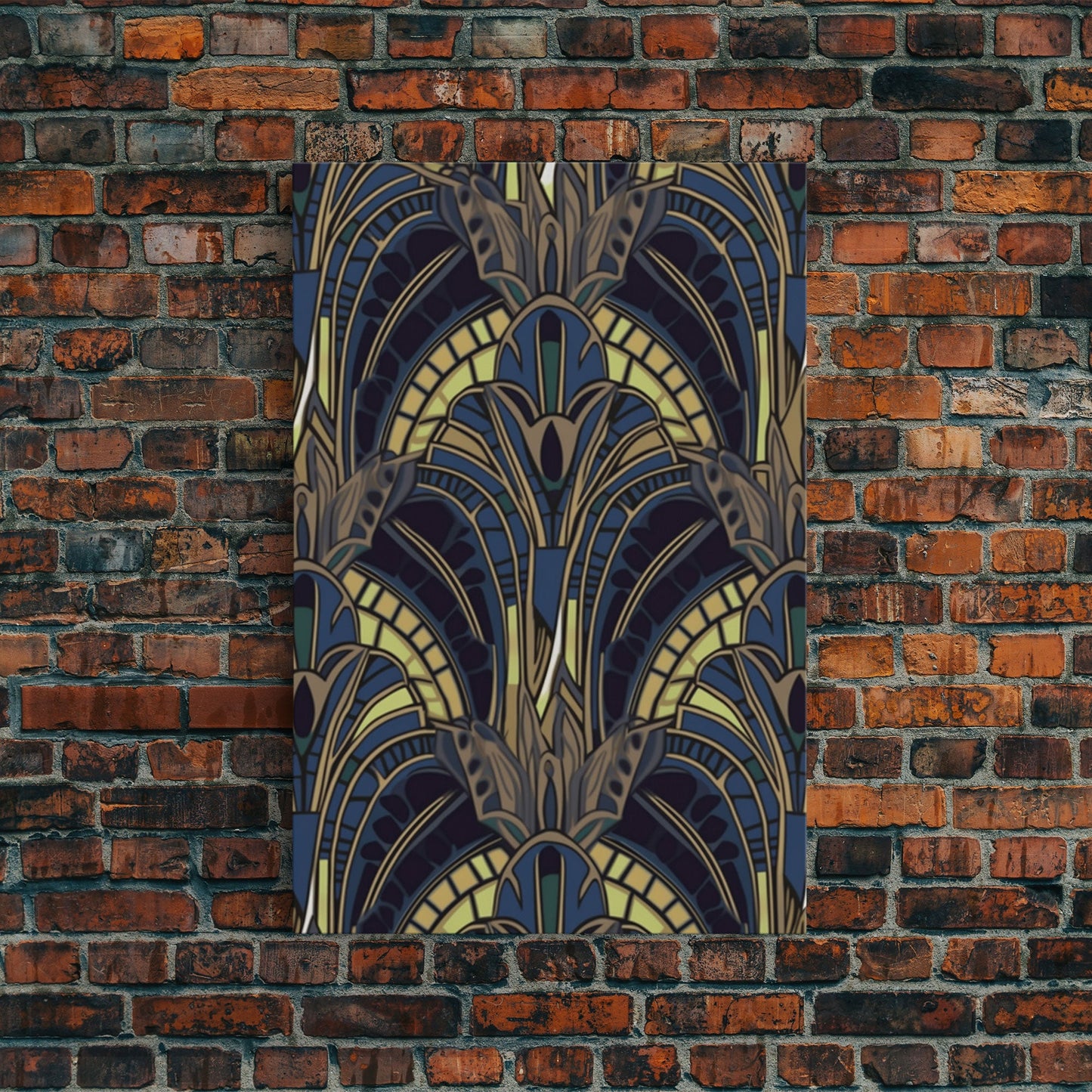 Midcentury Modern Wall art - Framed Canvas Print - Art Deco - Blue colors - Stained glass art - Patterns art - Mosaic art - Living room art