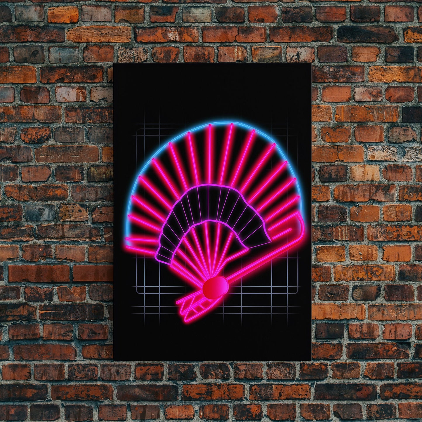 Neon Lights Folding Fan Wall Art, Line Art Print, Pink, Glowing Art, Minimalist Print, Wall Decor, Canvas Print, Wall Art, Framed Canvas