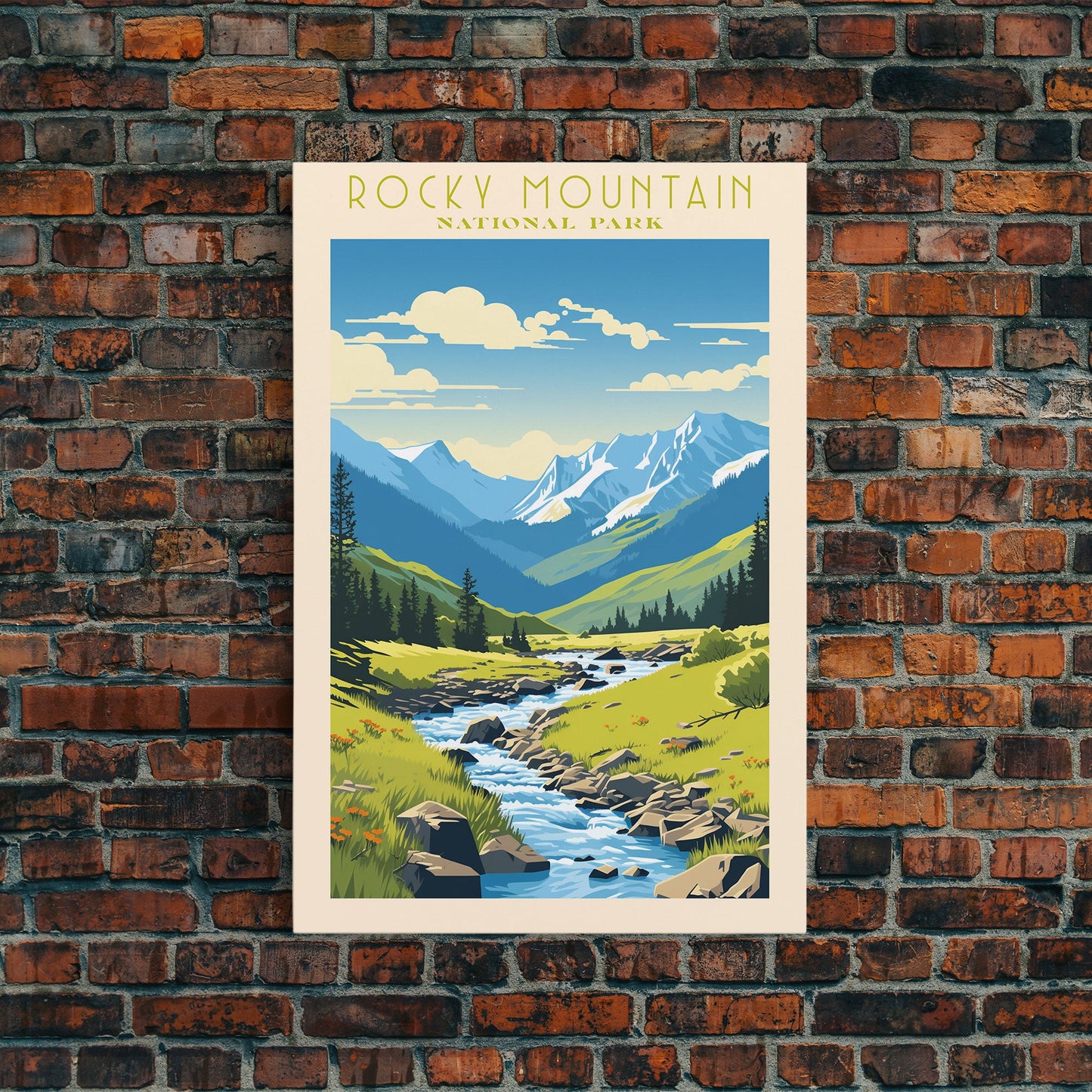 Rocky Mountains National Park Colorado Travel Art, National Park Print, Minimalist Travel Art, Midcentury Modern Style Landscape Painting