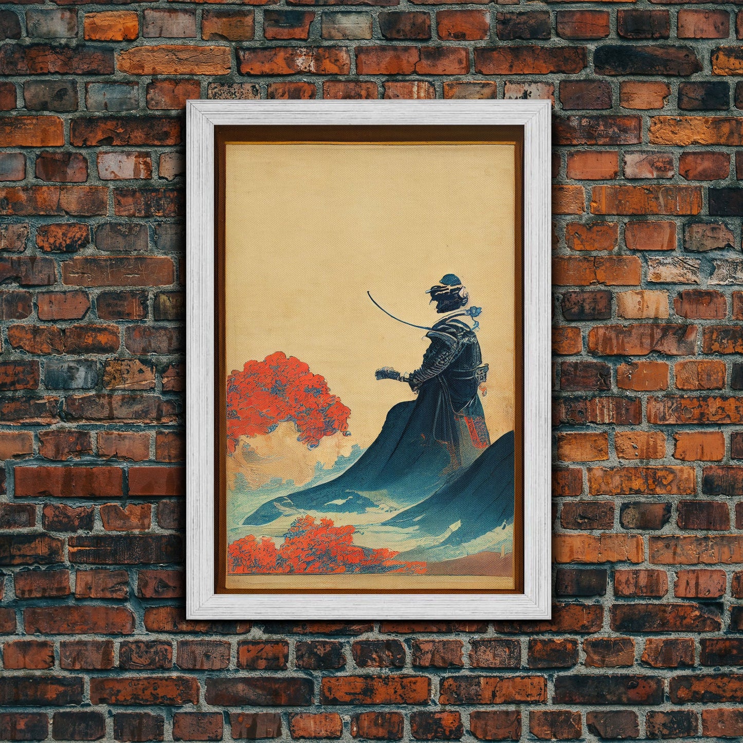 Red And Blue Japanese Samurai Warrior Wall Poster, Fine Art Print