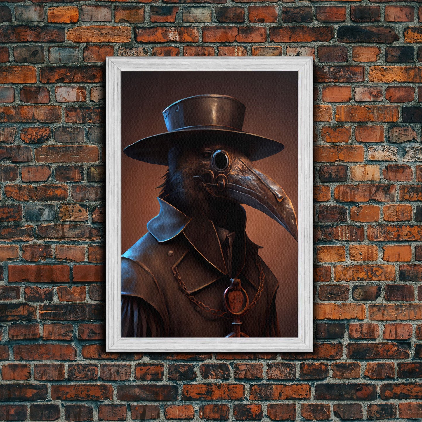 Crow wearing a plague doctor mask, poster art, cool spooky fine art poster print