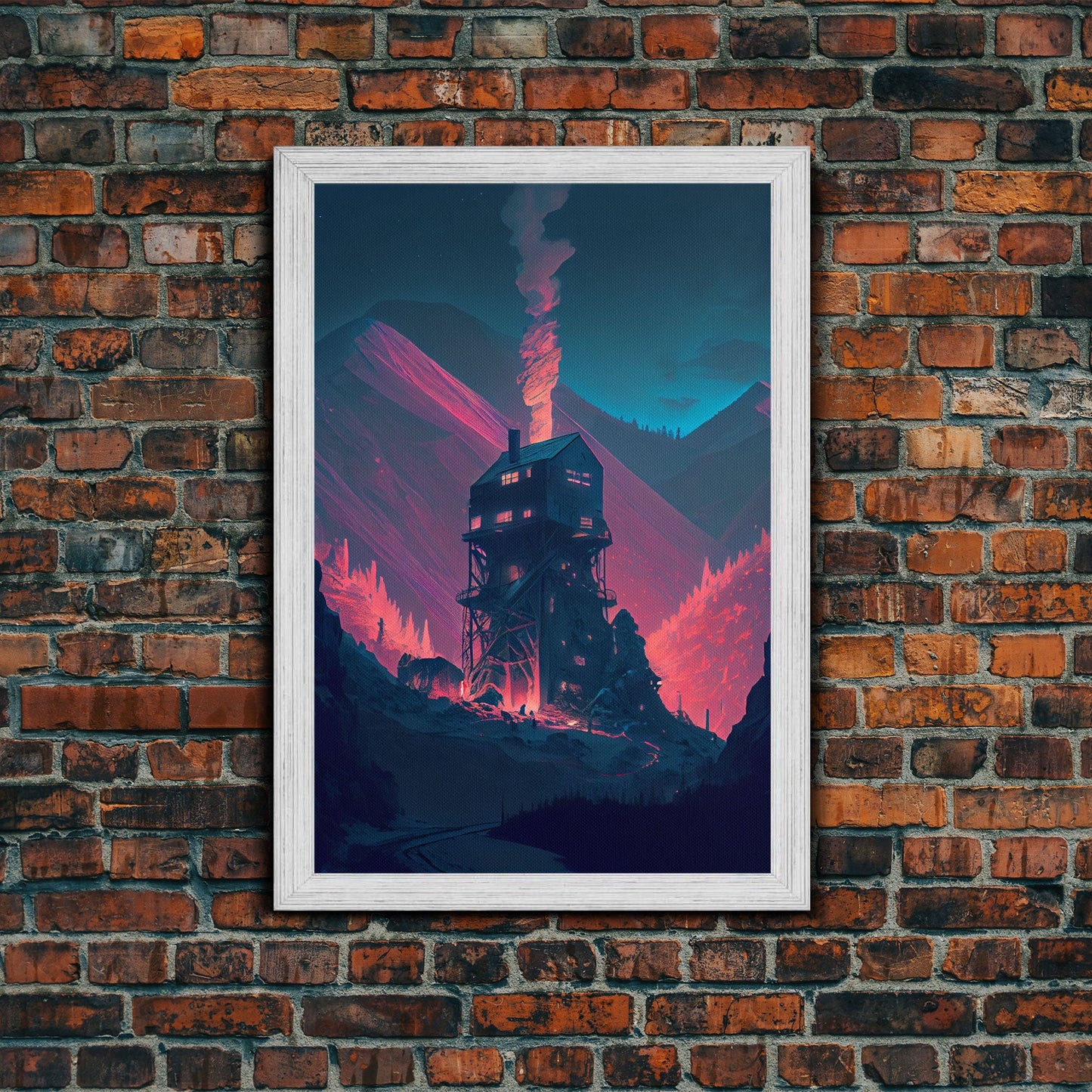 Fire-Watch, Watch Tower art, vaporwave aesthetic wall art, framed canvas print