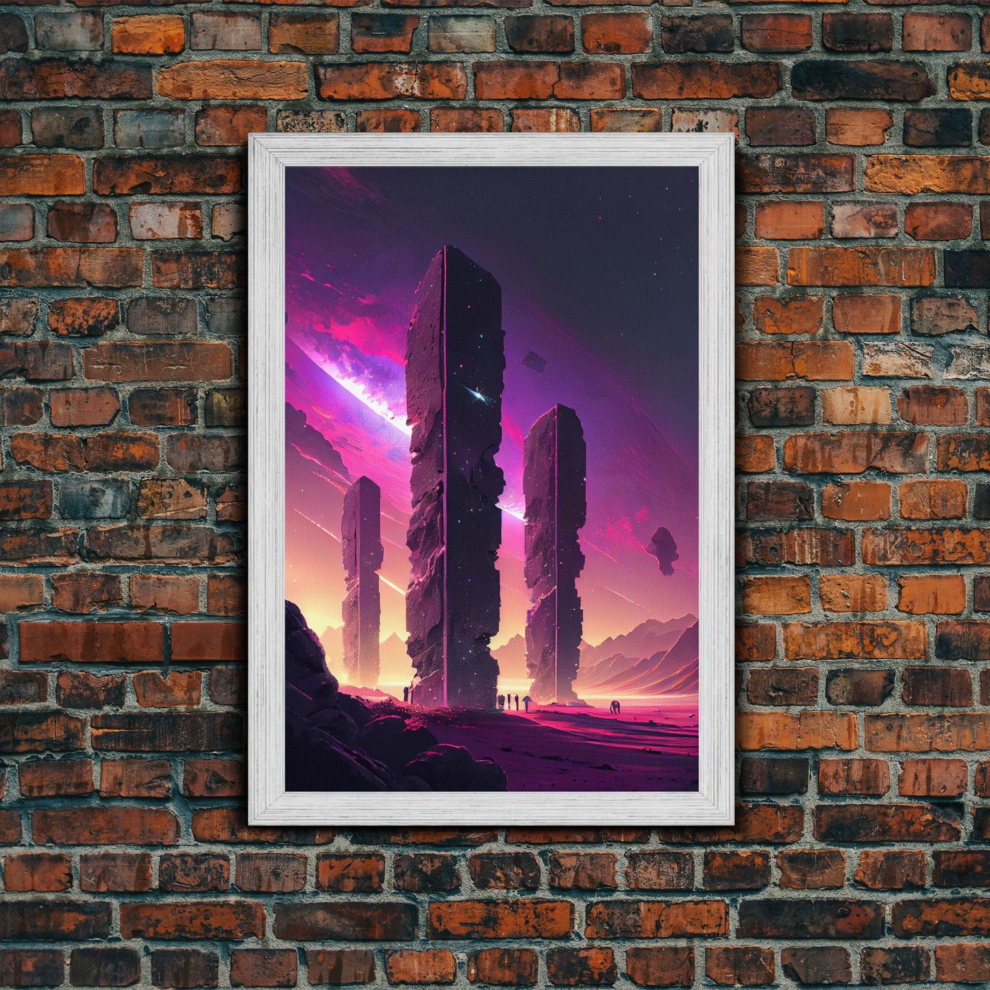 The Monoliths, Scifi art, retro synthwave style alien planet art, framed canvas print