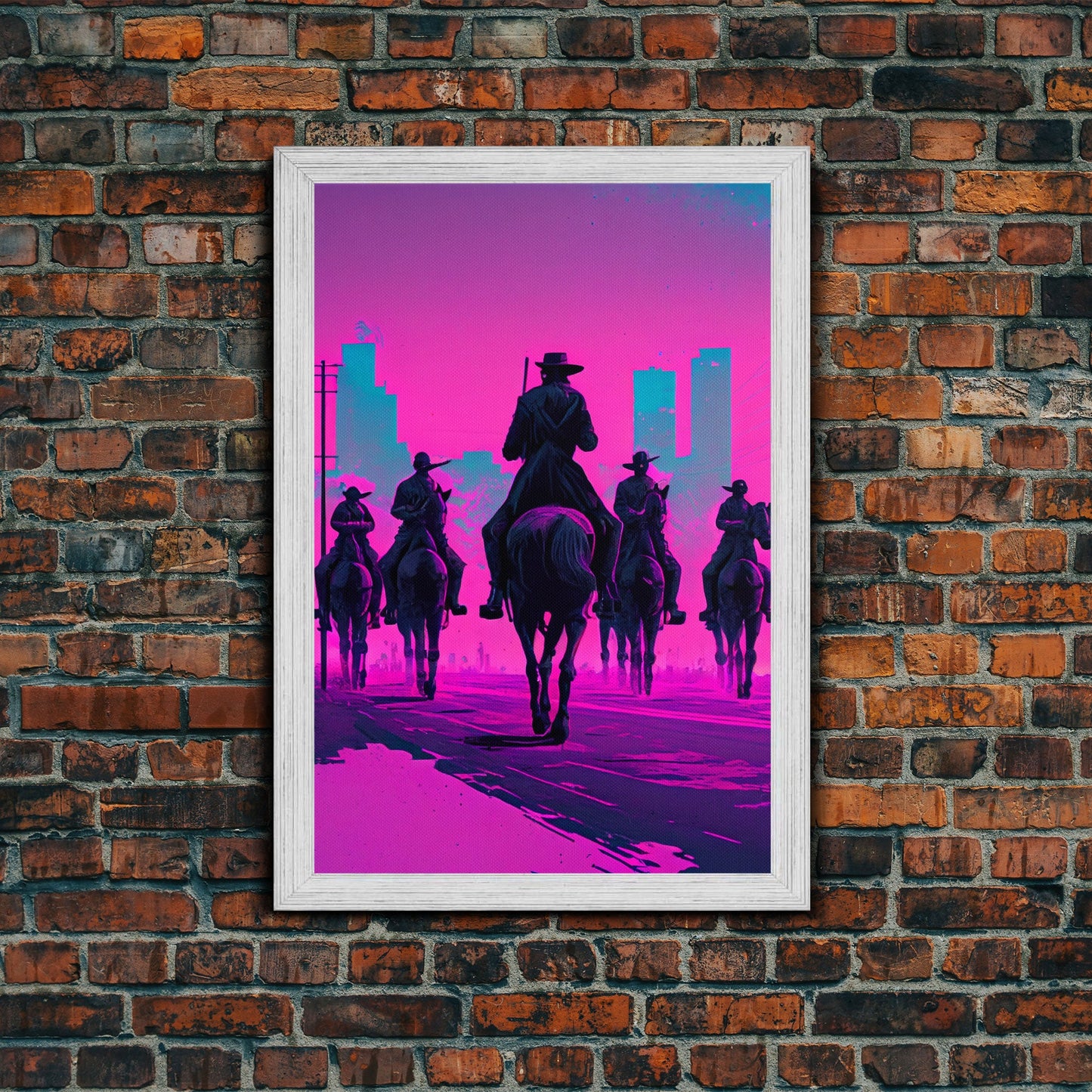 Post-Apocalyptic Cowboys, Vaporwave Aesthetic fantasy art, framed canvas print