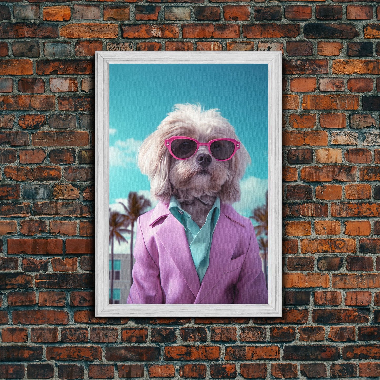 Shih Tzu Wall Print, Dog Wall Art, Dog Sunglasses, Pink Teal Suit, Funny Wall Art, Framed Wall Art, Framed Canvas, Wall Print, Wall Canvas