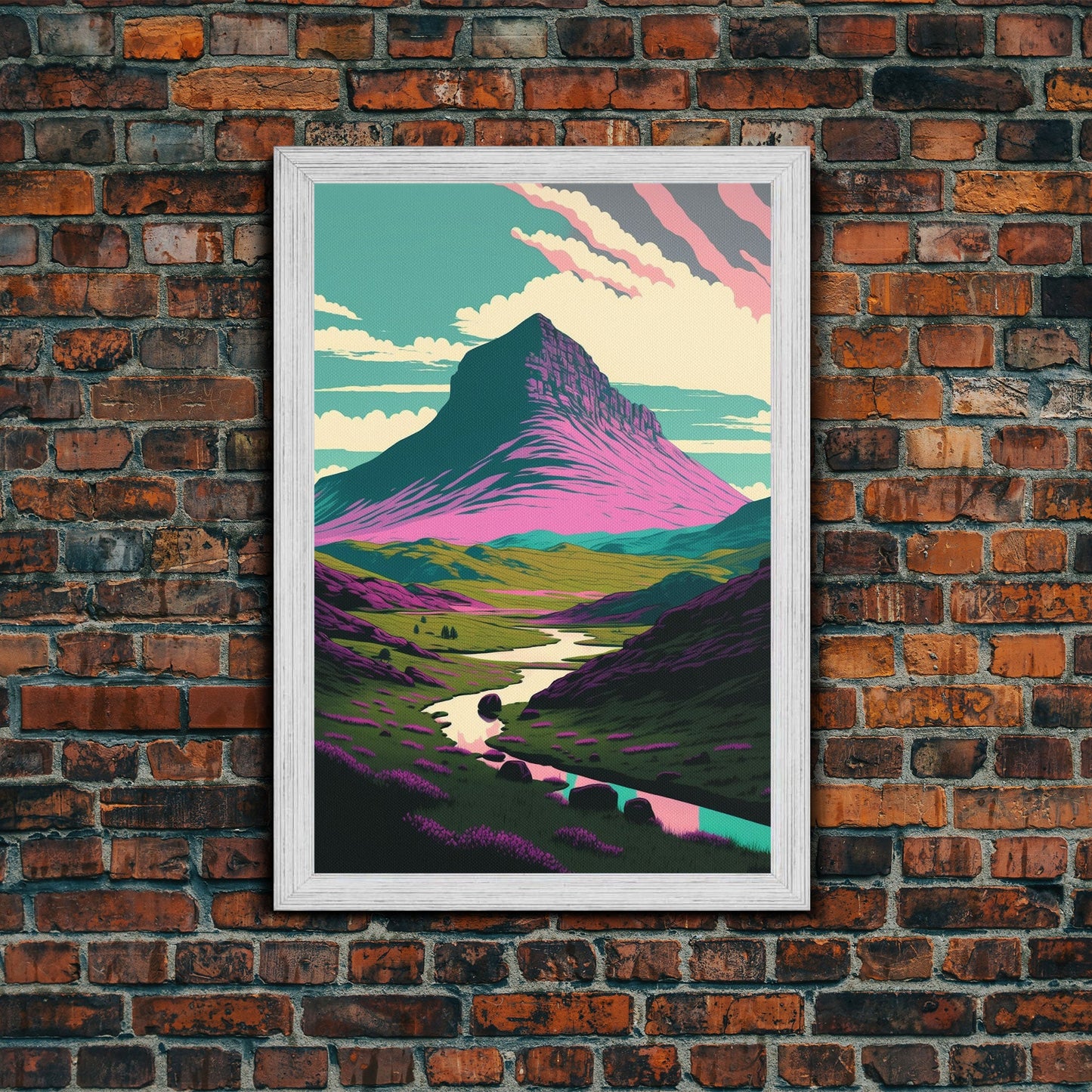 Retro Style Purple Mountain Landscape, Framed Canvas Print, MCM Style Art, Framed Wall Art, Wall Decor, Living Room / Guest Room Art