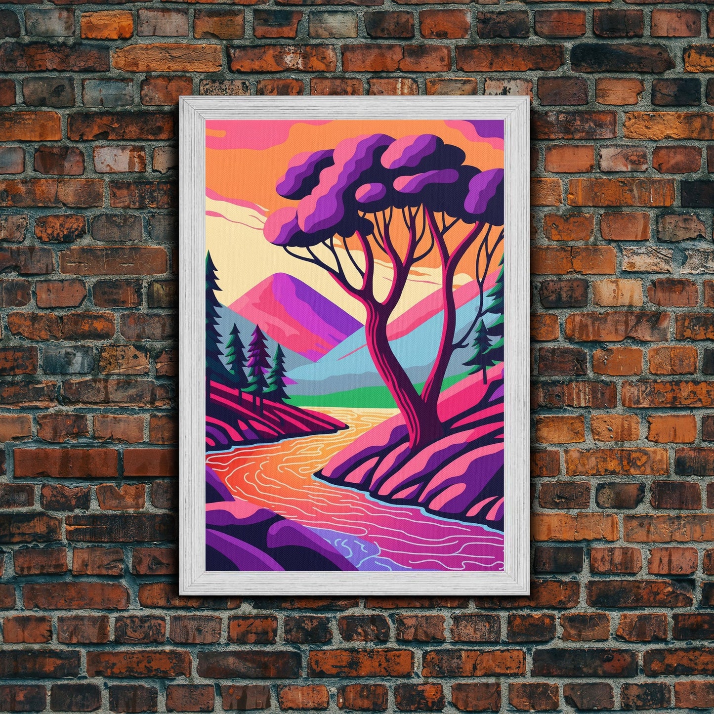 Surrealist Pop Art, Pink Fantasy Landscape Art, Framed Canvas Print