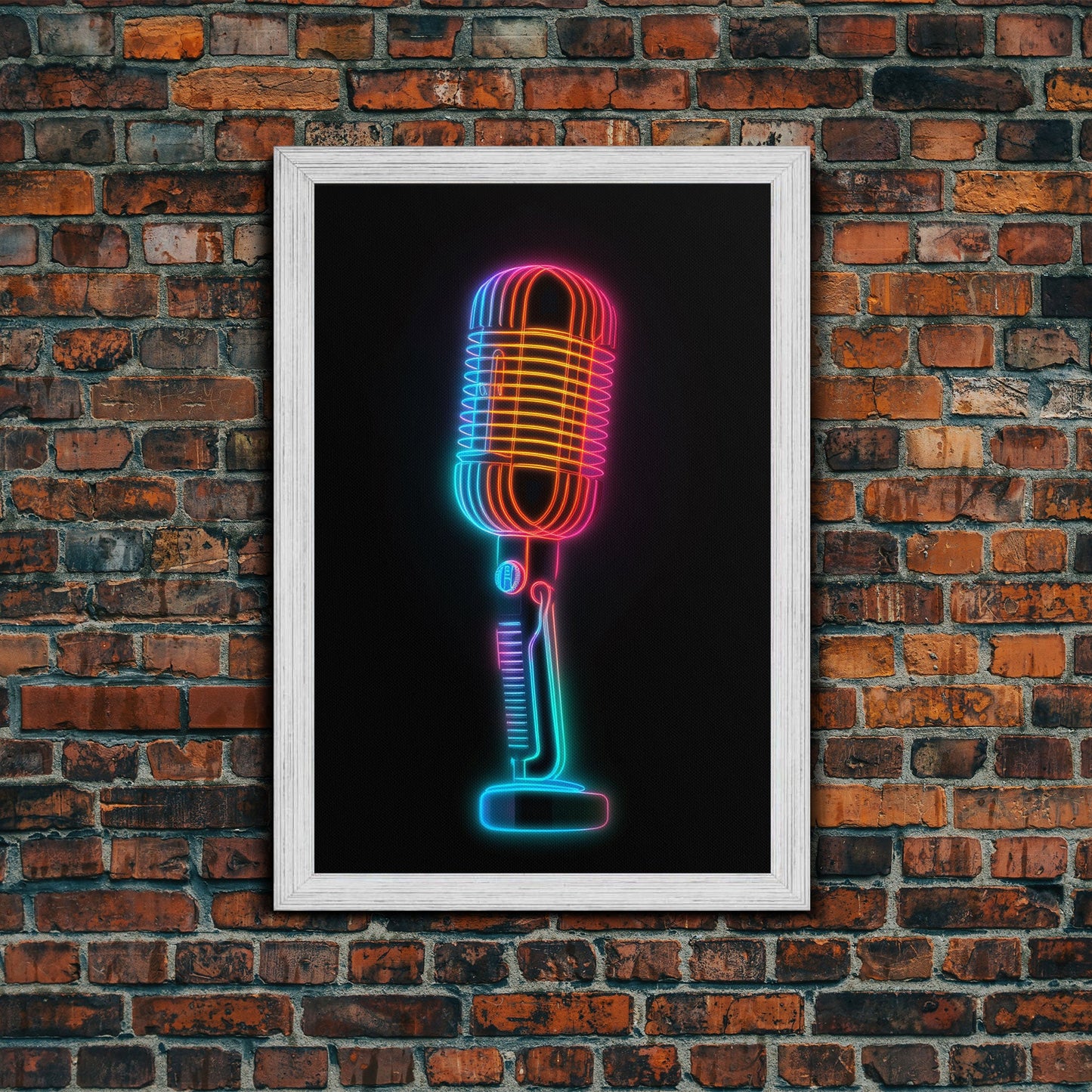 Neon Lights Retro Microphone Wall Art, Vibrant Art, Music Room Wall Art, Minimalist Print, Wall Decor, Canvas Print, Wall Art, Framed Canvas