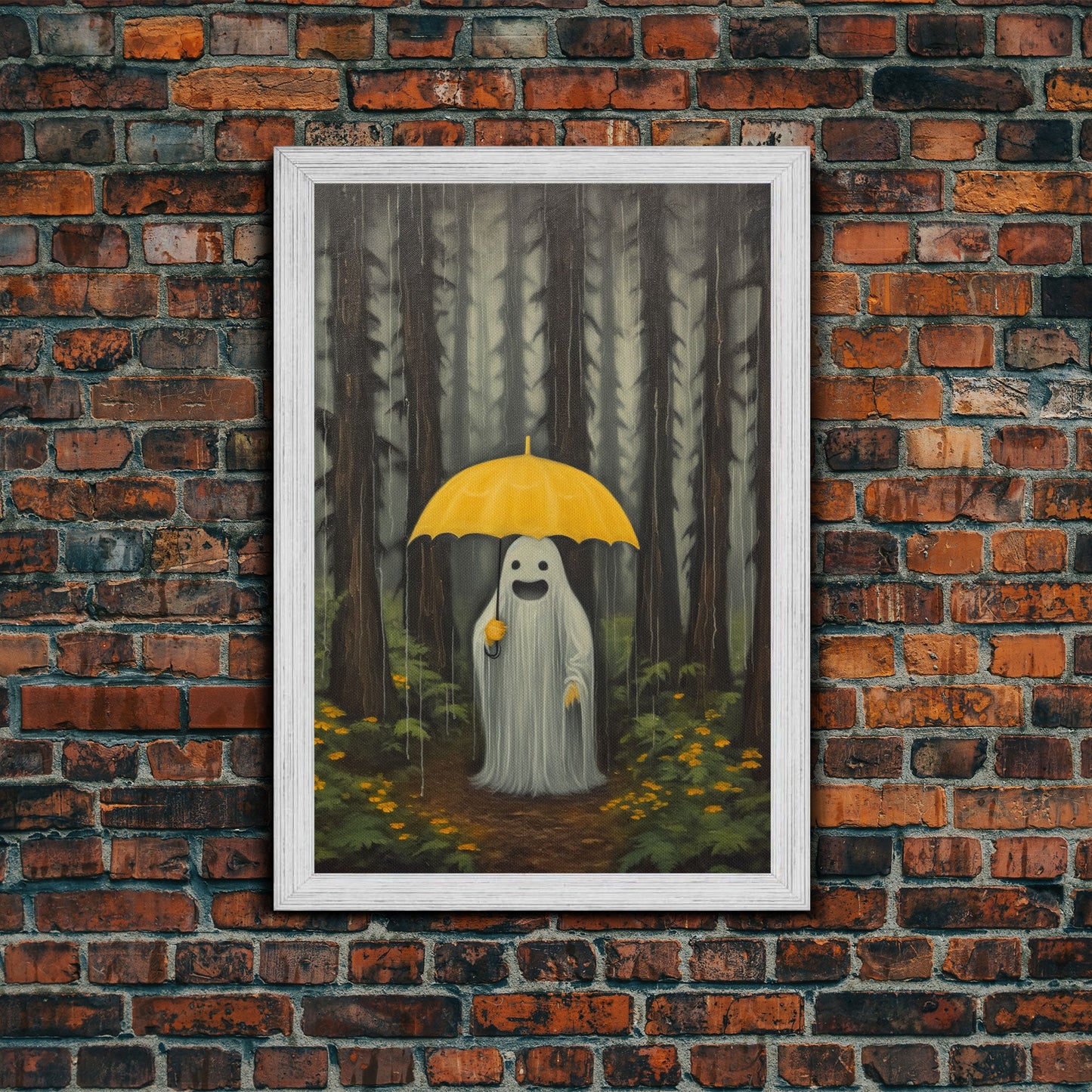 Happy Ghost In The Rain,  Vintage Halloween Canvas, Framed Canvas Print, Cute Wall Art, Who's Haunting Who?