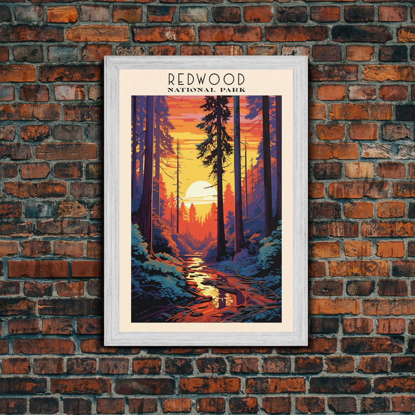 Redwood National Park California Travel Art, National Park Print, Minimalist Travel Art, Midcentury Modern Style Landscape Painting