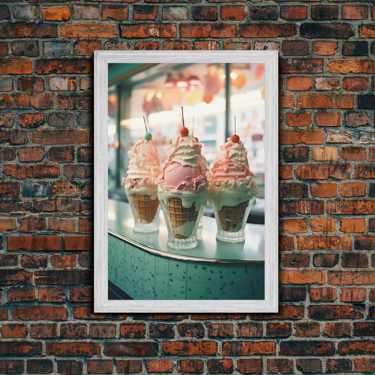 A Strawberry Sunday Kitchen Decor, Ice Cream Art, Framed Canvas Print, Ice Cream Parlor Decor, Icecream Shop Wall Art, MCM Style Decor