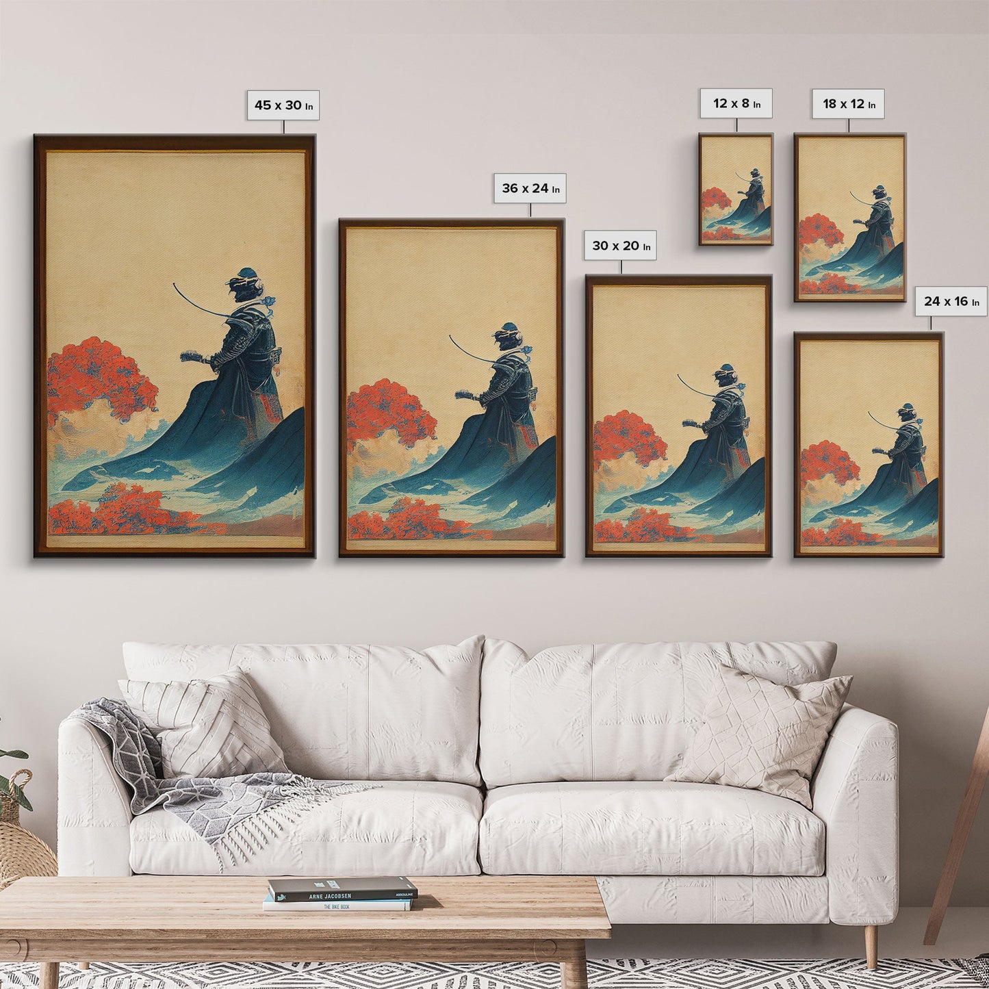 Red And Blue Japanese Samurai Warrior Wall Poster, Fine Art Print