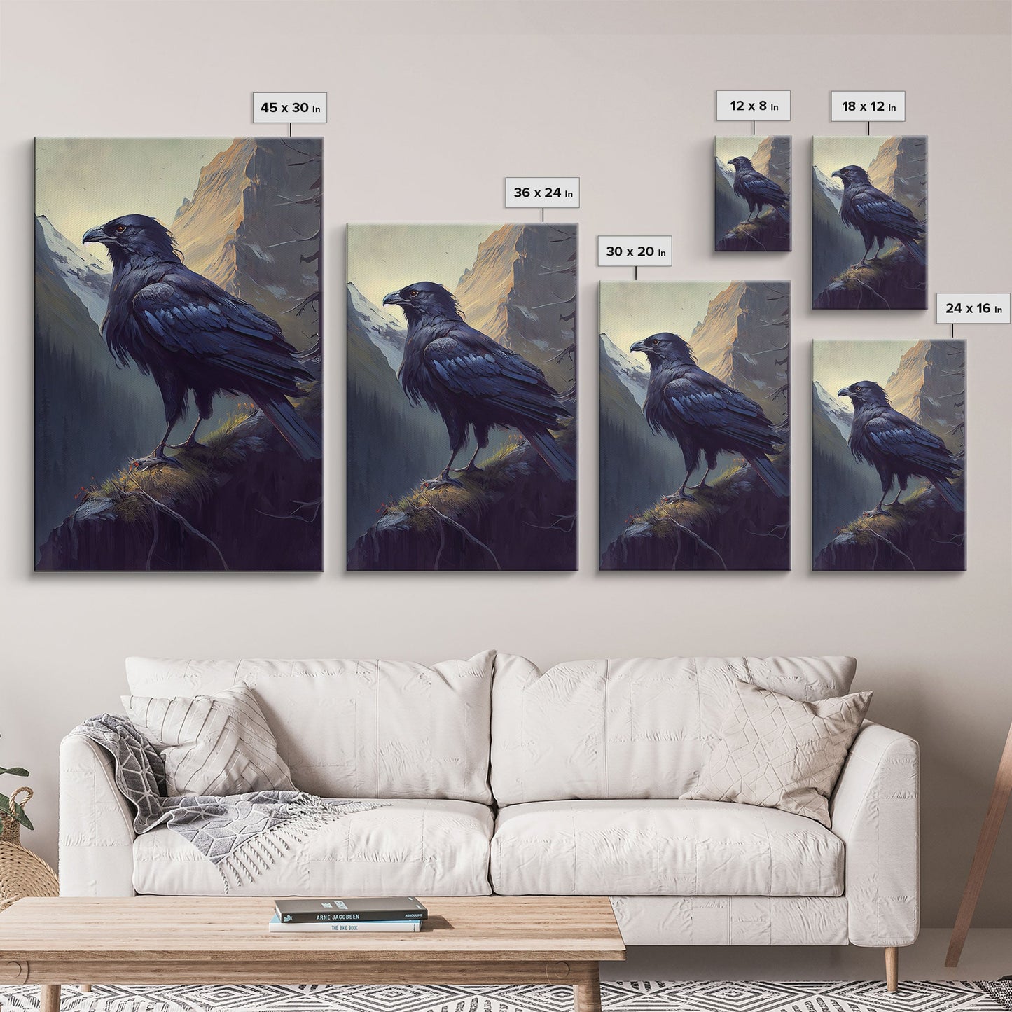 Portrait of a raven in the mountains, crow art, framed canvas print, framed wall art