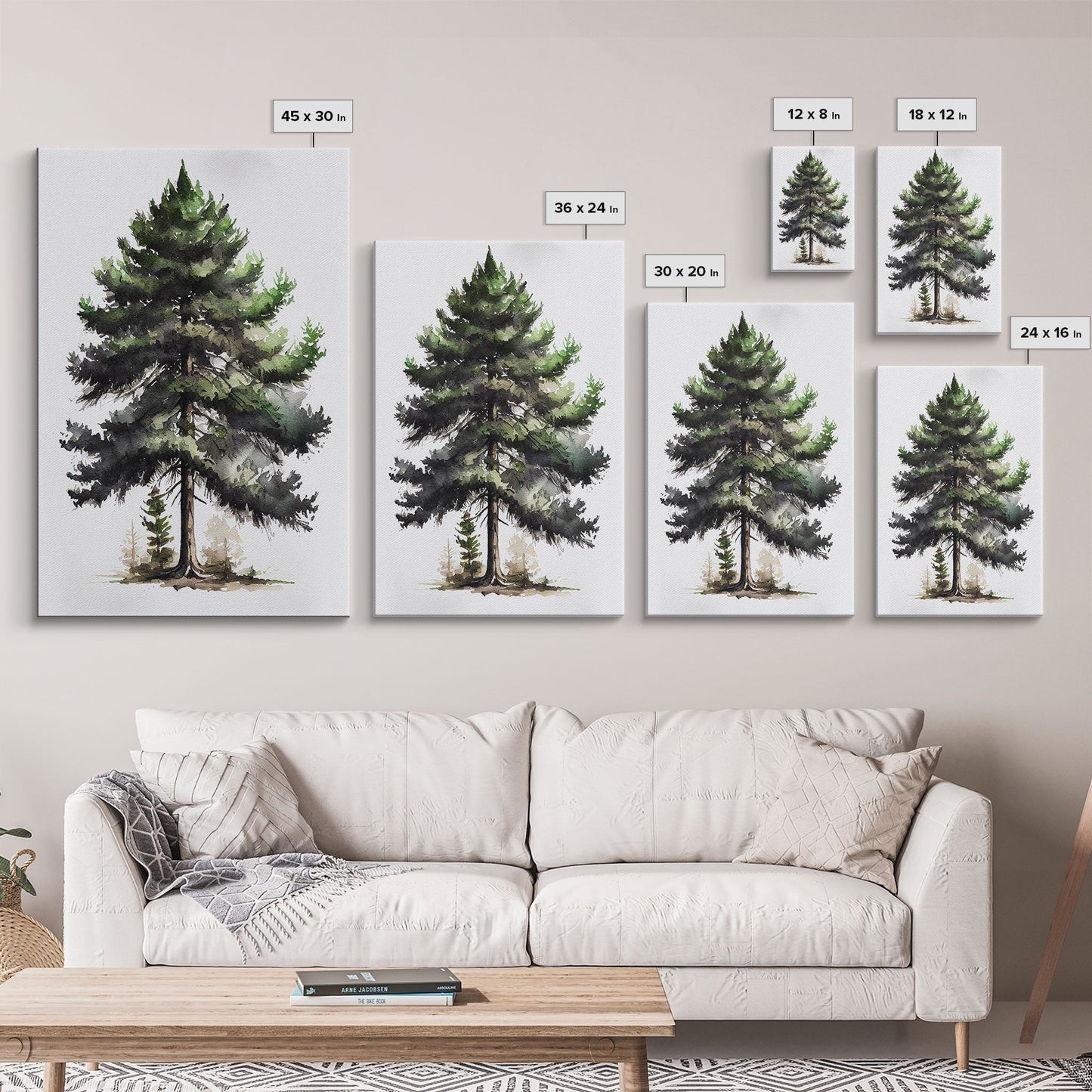 Pine Tree Watercolor Wall Art Canvas Print - Vibrant Colorful Nature Scene Artwork, lakehouse art