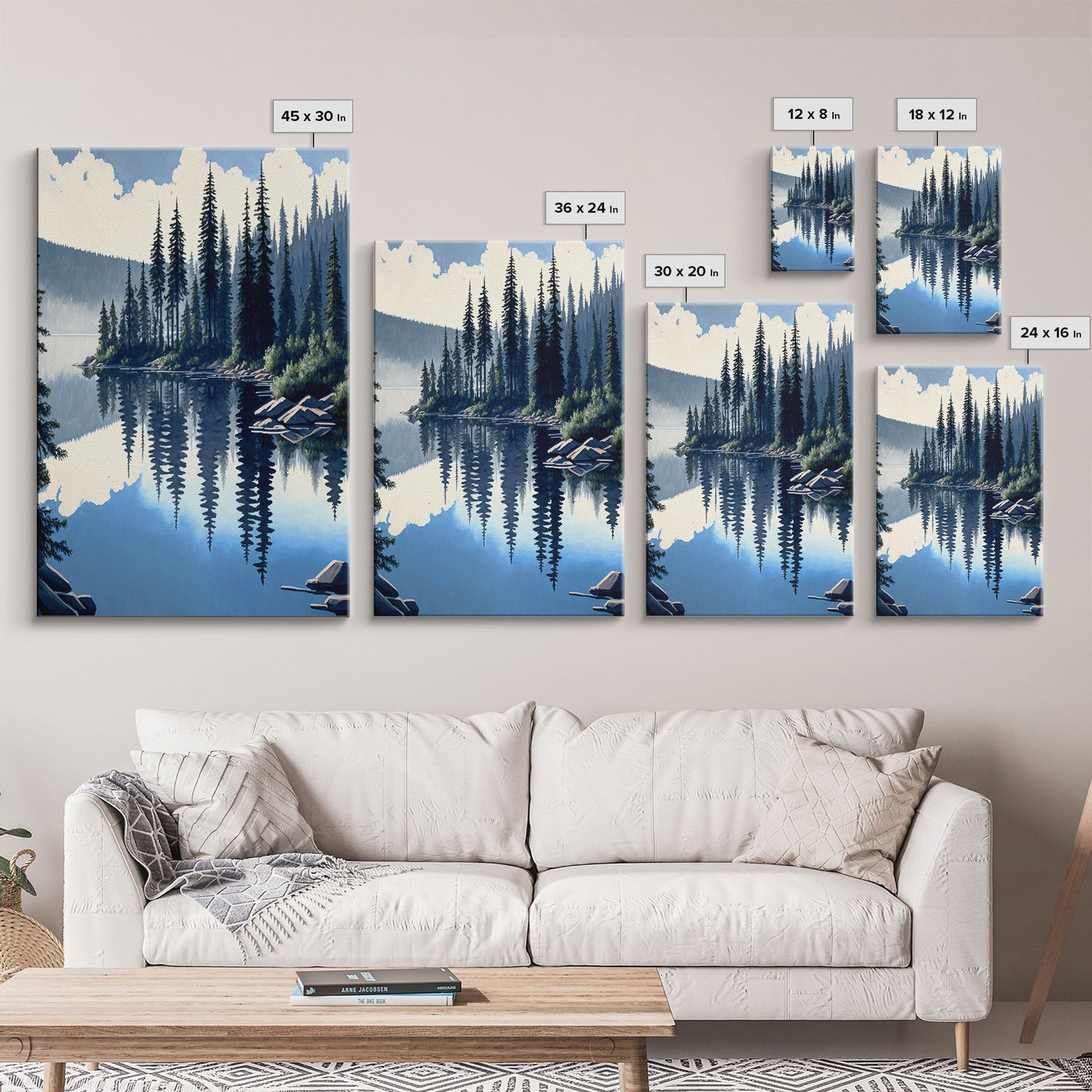 Washington State Pine Tree Forest and Lake Reflection, Framed Canvas print, watercolor painting print, unique living room wall art