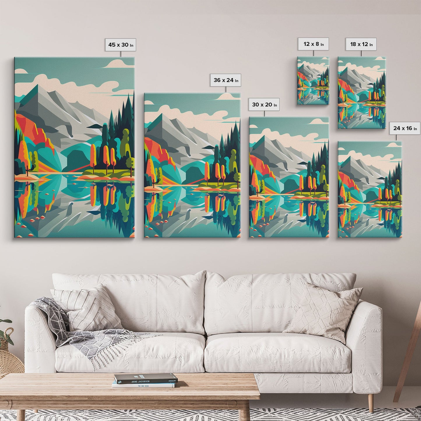 Retro Midcentury Style Wall Art, Framed Canvas Print, Colorful Wall Art, Mountain Landscape, Office Decor, Low Res Art