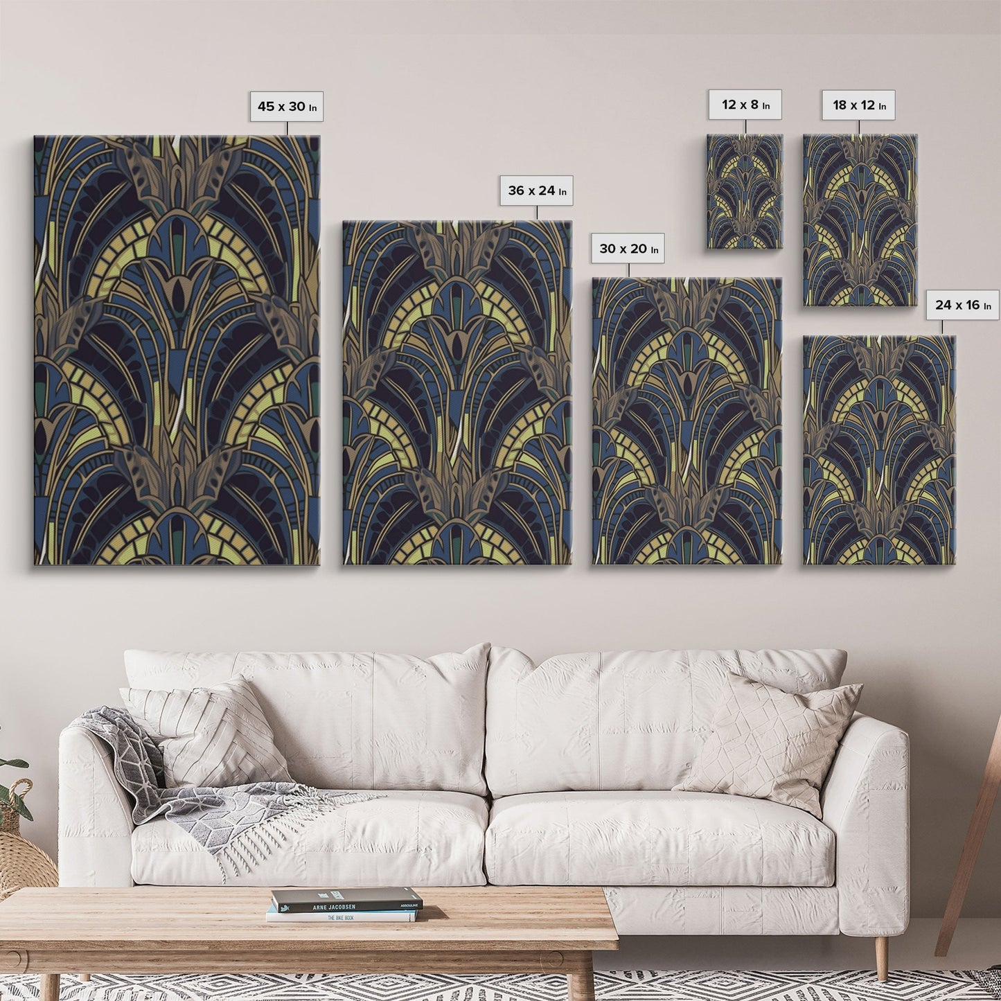 Midcentury Modern Wall art - Framed Canvas Print - Art Deco - Blue colors - Stained glass art - Patterns art - Mosaic art - Living room art