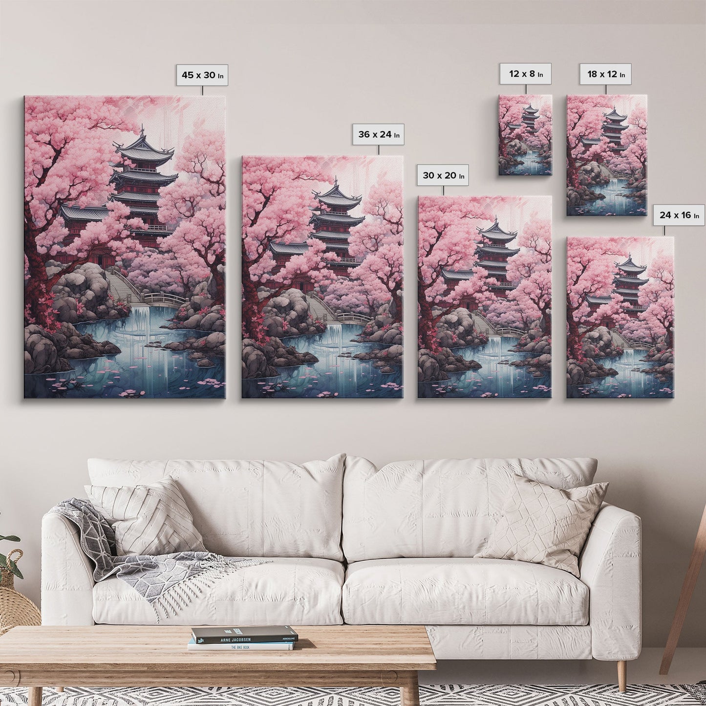 Pagoda Wall Art, Japanese Wall Art, Asian Art, Cherry Blossom Tree, Canvas Print, Wall Art, Vertical Art, Engagement Gift, Prints Wall Art