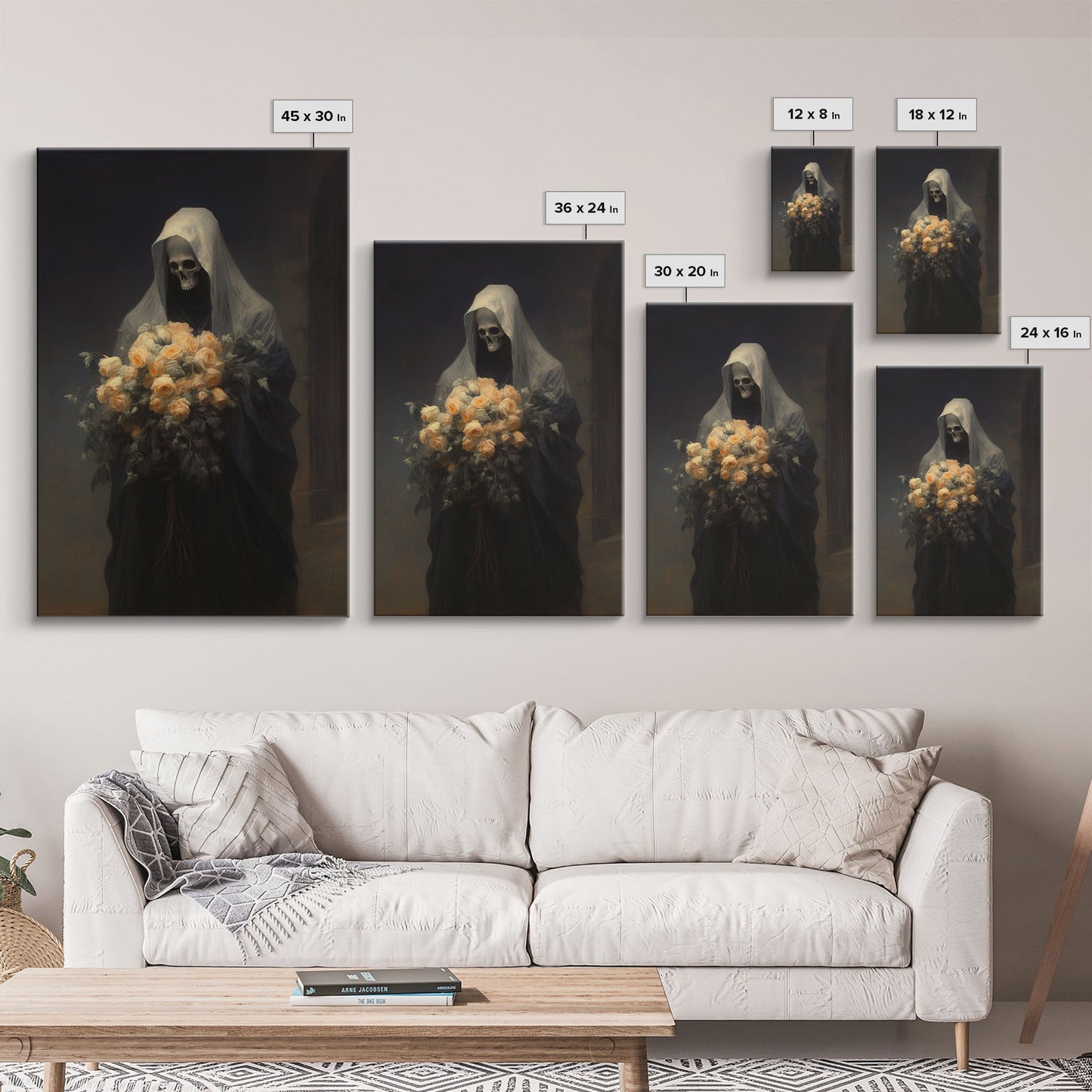 Grim Reaper, Flower Deliveryman, Gothic Halloween Decor, Framed Canvas Print, Scary Horror Art, Goth Decor, Oil Painting, Dark Academia