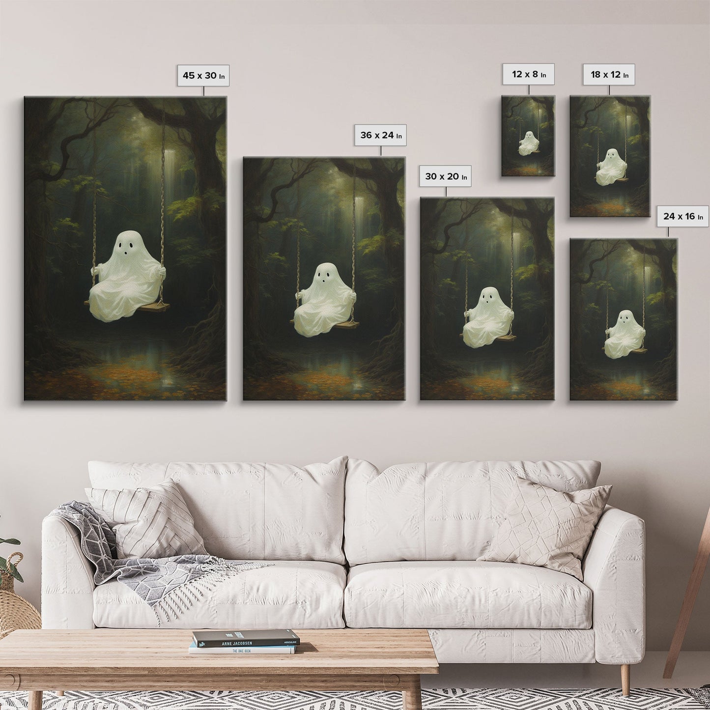 Cute Little Boo Playground Ghost, Funny Halloween, Vintage Halloween Canvas, Framed Canvas Print, Cute Wall Art, Ghost On A Swing, Macabre