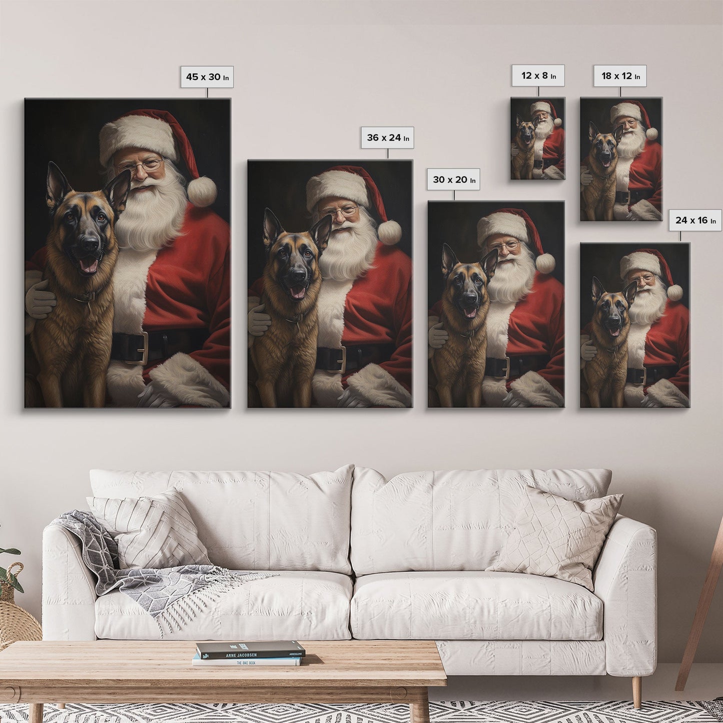 Santa Claus and his Belgian Malinois, Cute Dog Art, Framed Canvas Print, Christmas Art, Christmas Decor, Christmas Art Print, Cute Dog Print