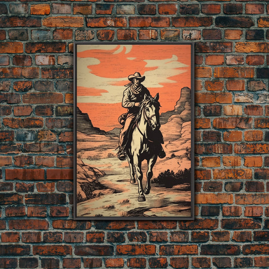 Sunset Cowboy Art Canvas Print, Vintage Western Oil Paintin, Countryside Art, Rustic Southwest Room Decor, Utah / Arizona Wild West Wall Art