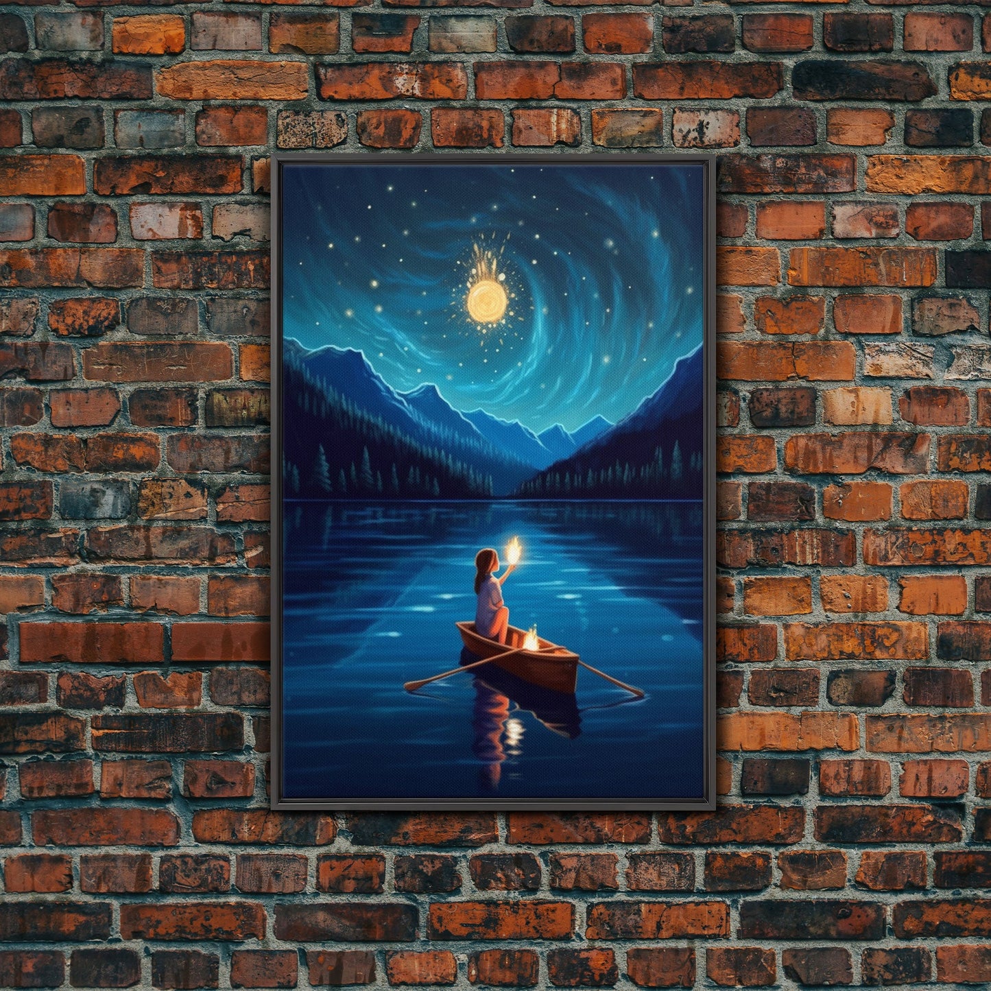 Starry Night, Girl Wizard Lights Up The Night Sky, Fantasy Art, Framed Canvas Print, Fantasy Painting Print, Original Art