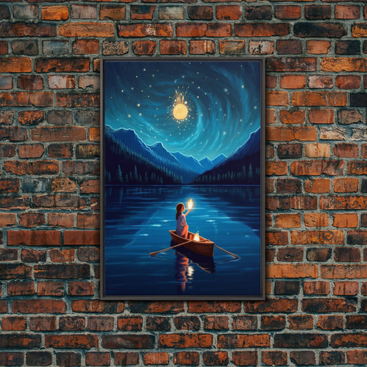 Starry Night, Girl Wizard Lights Up The Night Sky, Fantasy Art, Framed Canvas Print, Fantasy Painting Print, Original Art