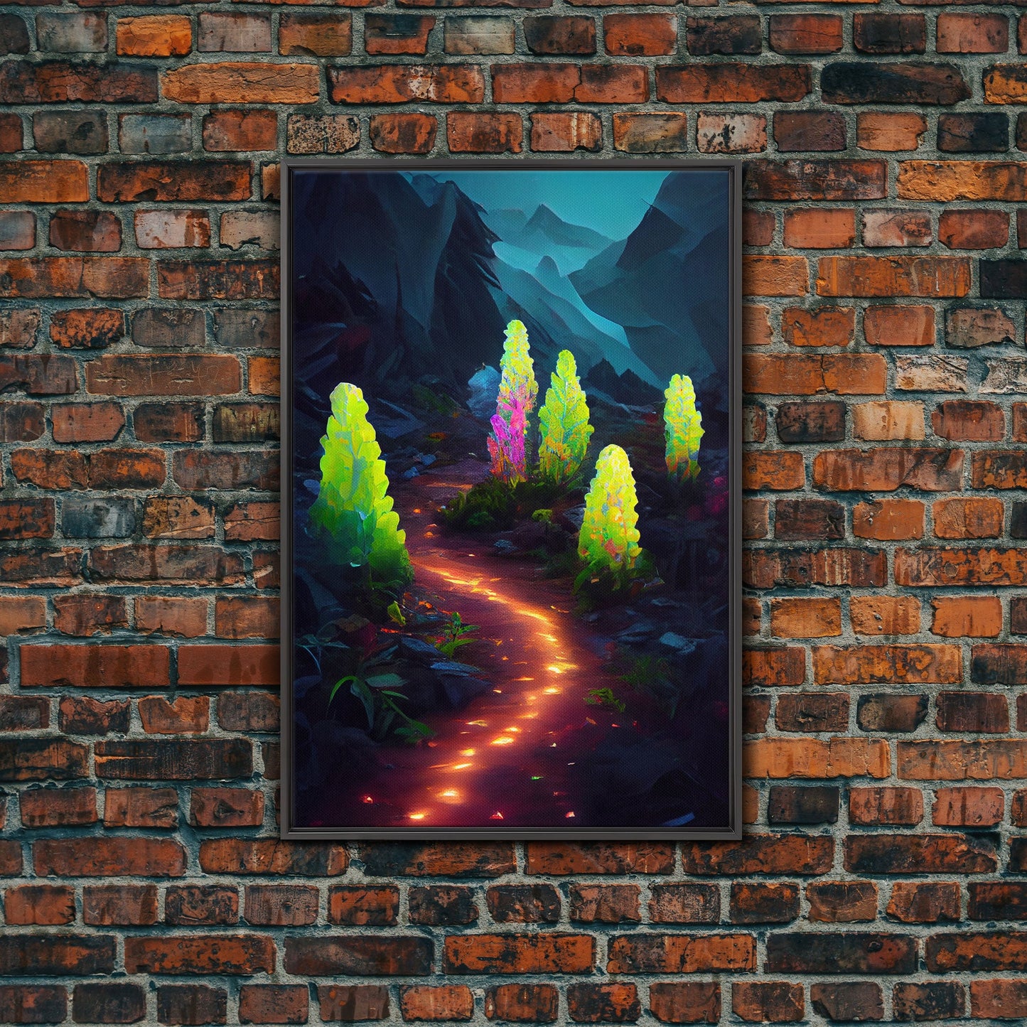 Magical forest canvas print, glowing mushroom art, fantasy forest wall art, gloomy dark home decor, luminescent forest trail wall art