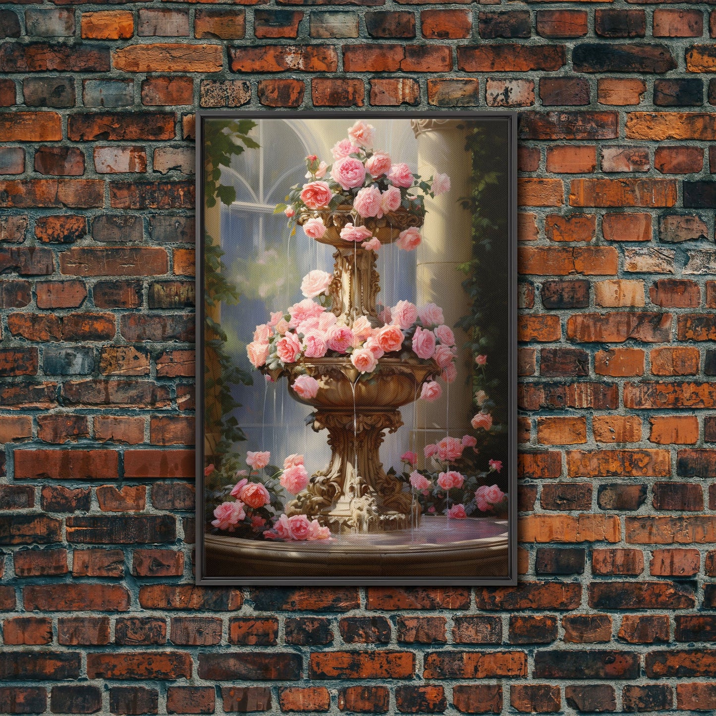 Fountain Wall Print, Pink Roses Wall Art, Flower Art Print, Canvas Print, Wall Art, Vertical Print, Botanical Art, Country Home Decor