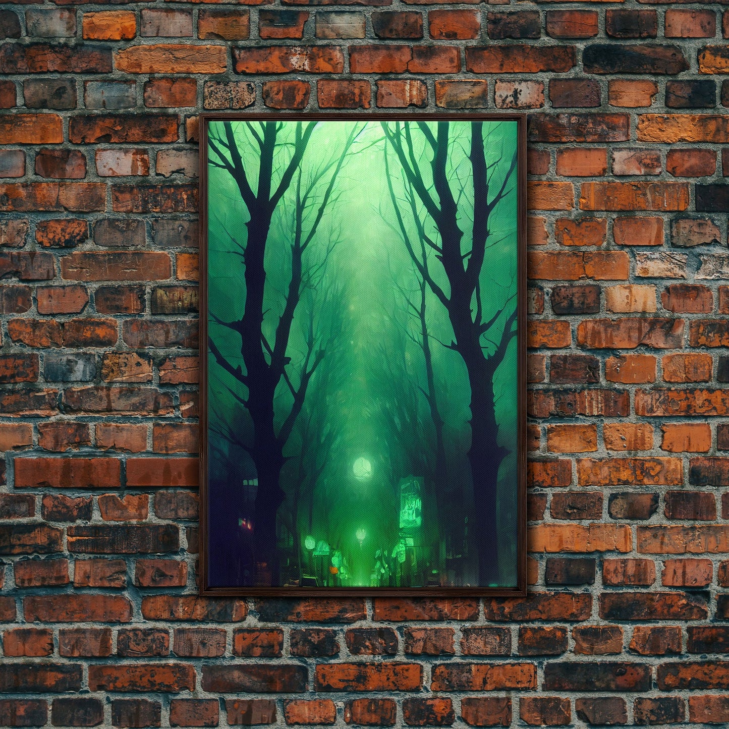 Emerald green city streets under a full moon, cool spooky art, framed canvas print