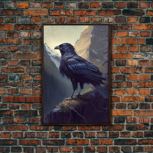 Portrait of a raven in the mountains, crow art, framed canvas print, framed wall art