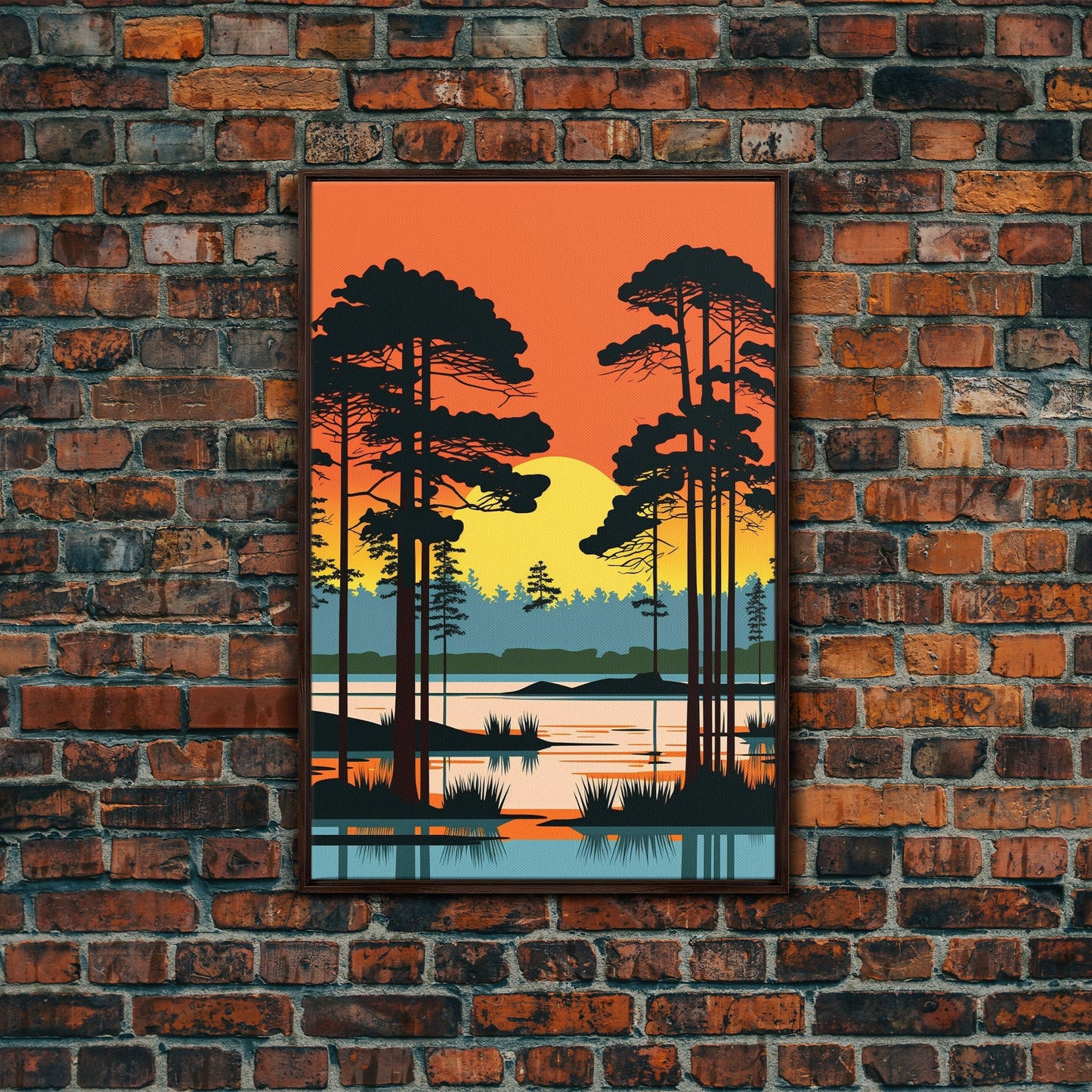 Vintage Style Art, Framed Canvas Prints, Lake and Pine Tree Forest Landscape, Florida Everglades at Sunset
