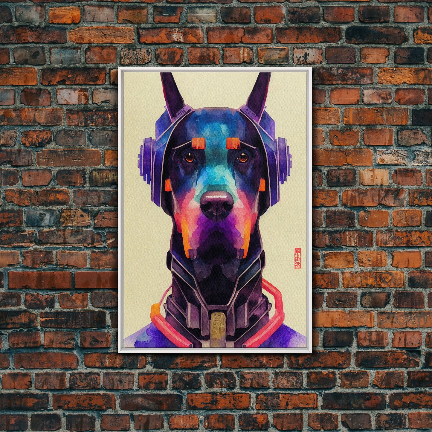 Cyberpunk Dobermann Pinscher Portrait, Watercolor, Framed Canvas Print, Ready To Hang Framed Wall Art, Living Room Wall Hanging