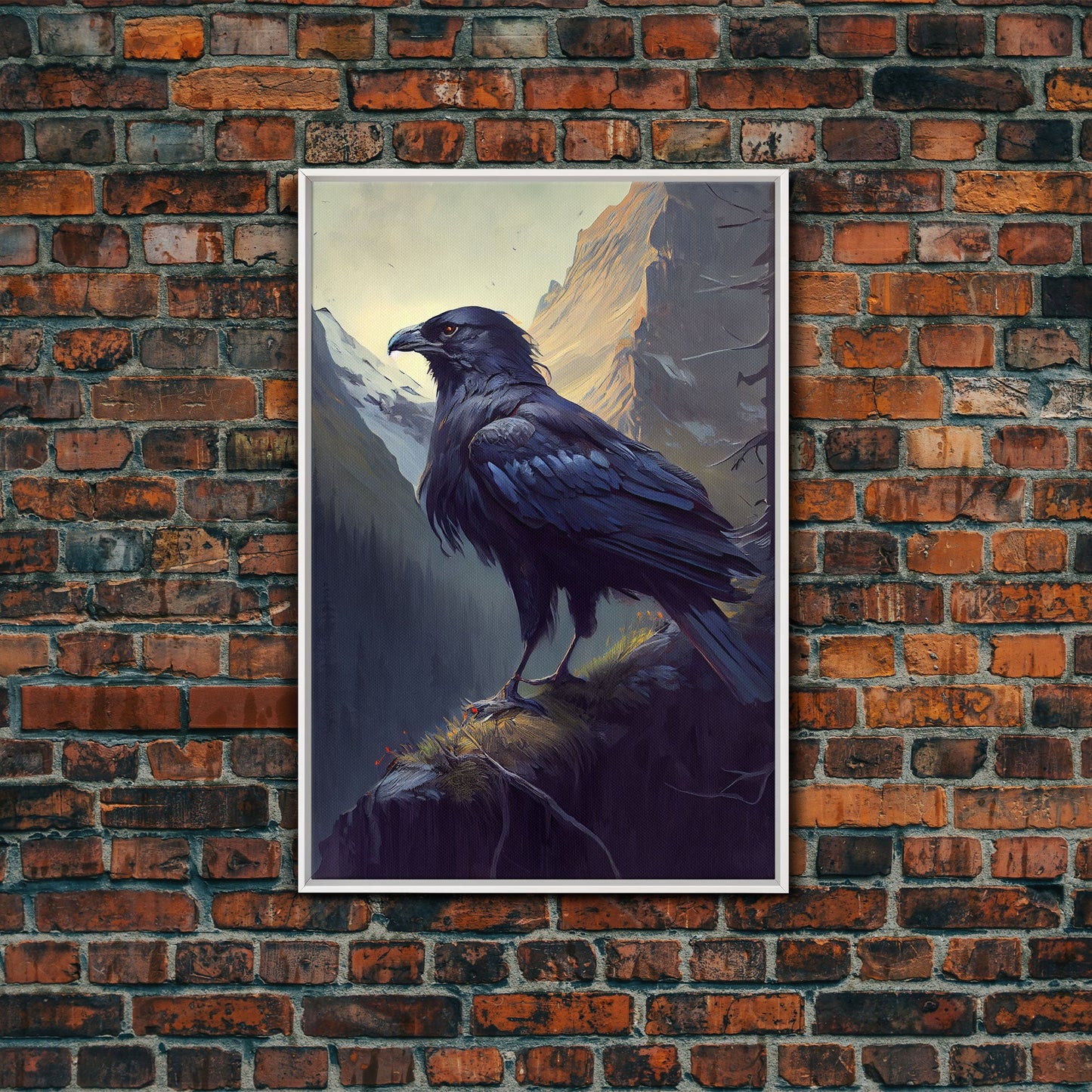 Portrait of a raven in the mountains, crow art, framed canvas print, framed wall art