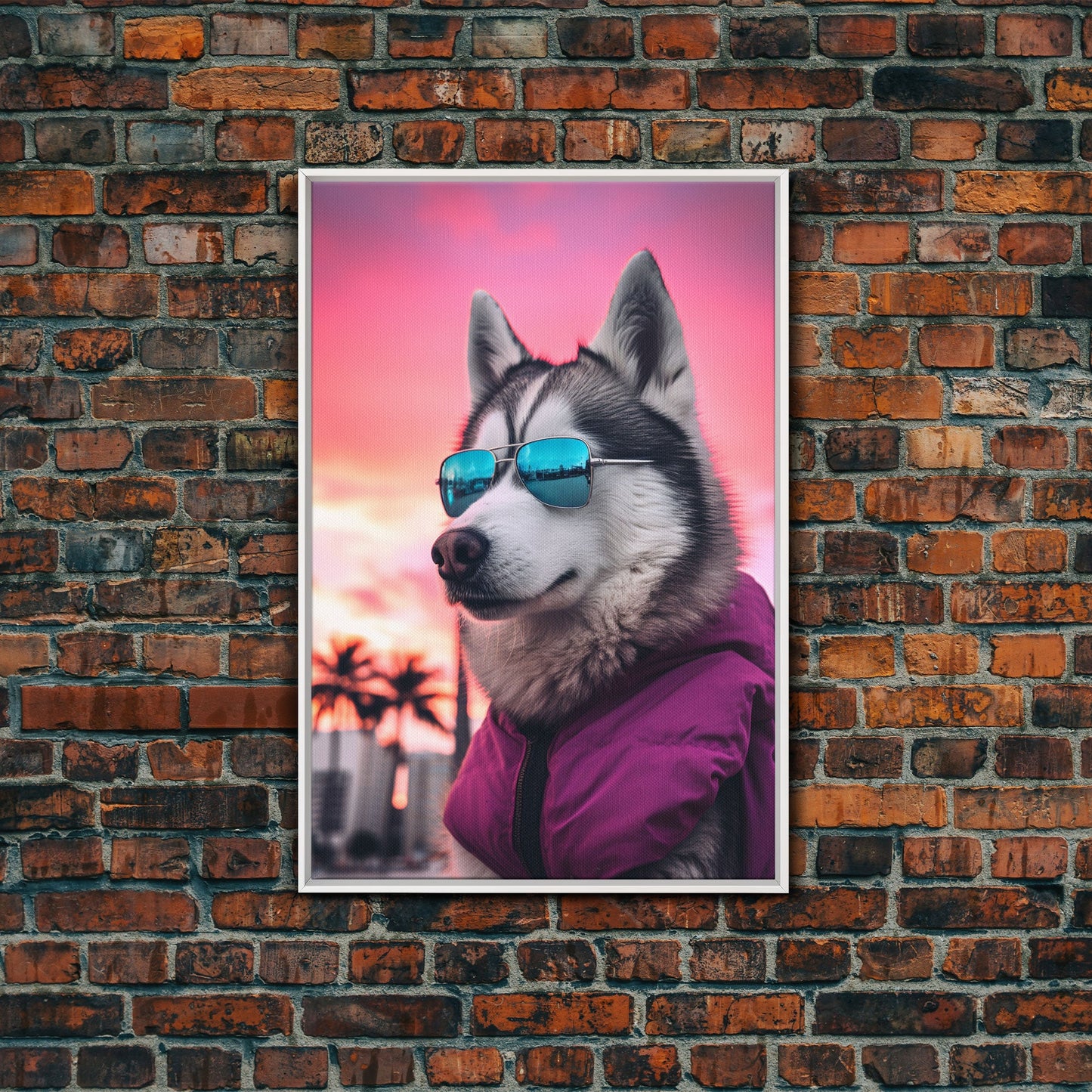 Siberian Husky In Pink Jacket Sunglasses Wall Print, Dog Art Print, Dog Portrait, Framed Wall Art, Framed Canvas, Wall Print, Wall Canvas